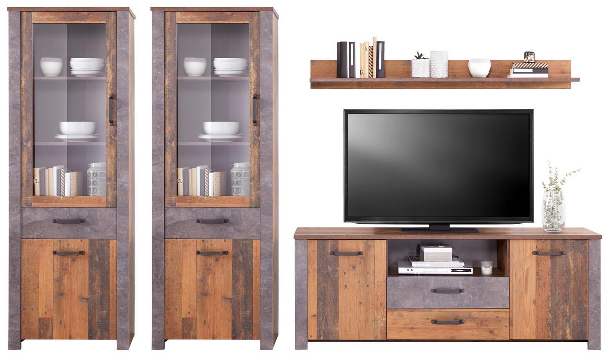 Wohnkombination 4 -Teilig. Ontario, Old Style/Betonoptik - Eichefarben/Dunkelgrau, Trend, Glas/Holzwerkstoff (318,8/200/41,5cm) - Ondega