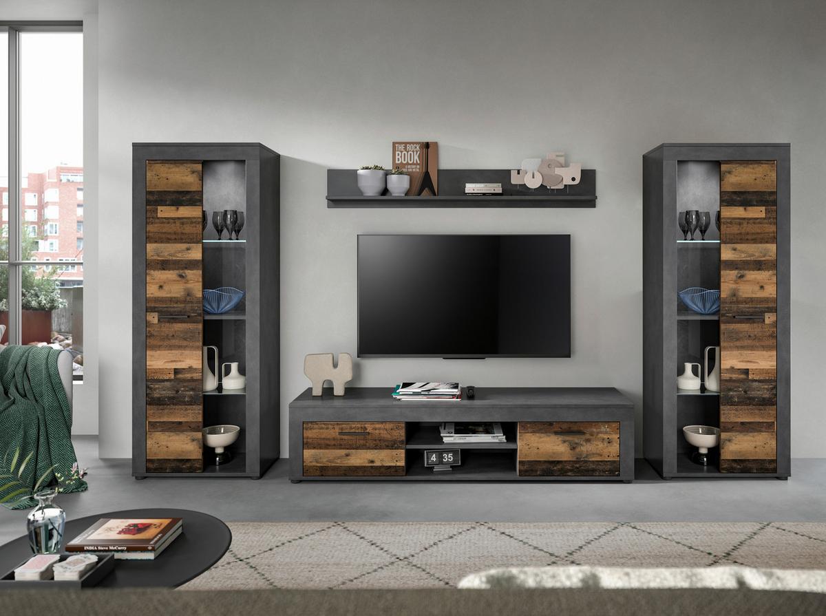 Wohnwand Jam Grau/Naturfarben B: 310 cm - Schwarz/Naturfarben, Design, Glas/Holzwerkstoff (310/159/35cm) - MID.YOU