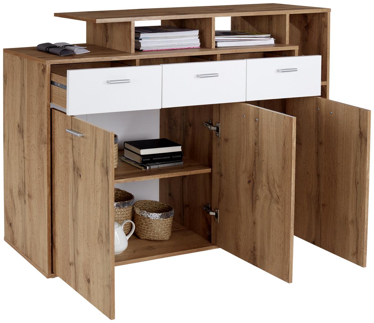 Kommode B 150cm Tom, San Remo Eiche Dekor/weiß - Eichefarben/Silberfarben, MODERN, Holzwerkstoff (150/105/40cm)