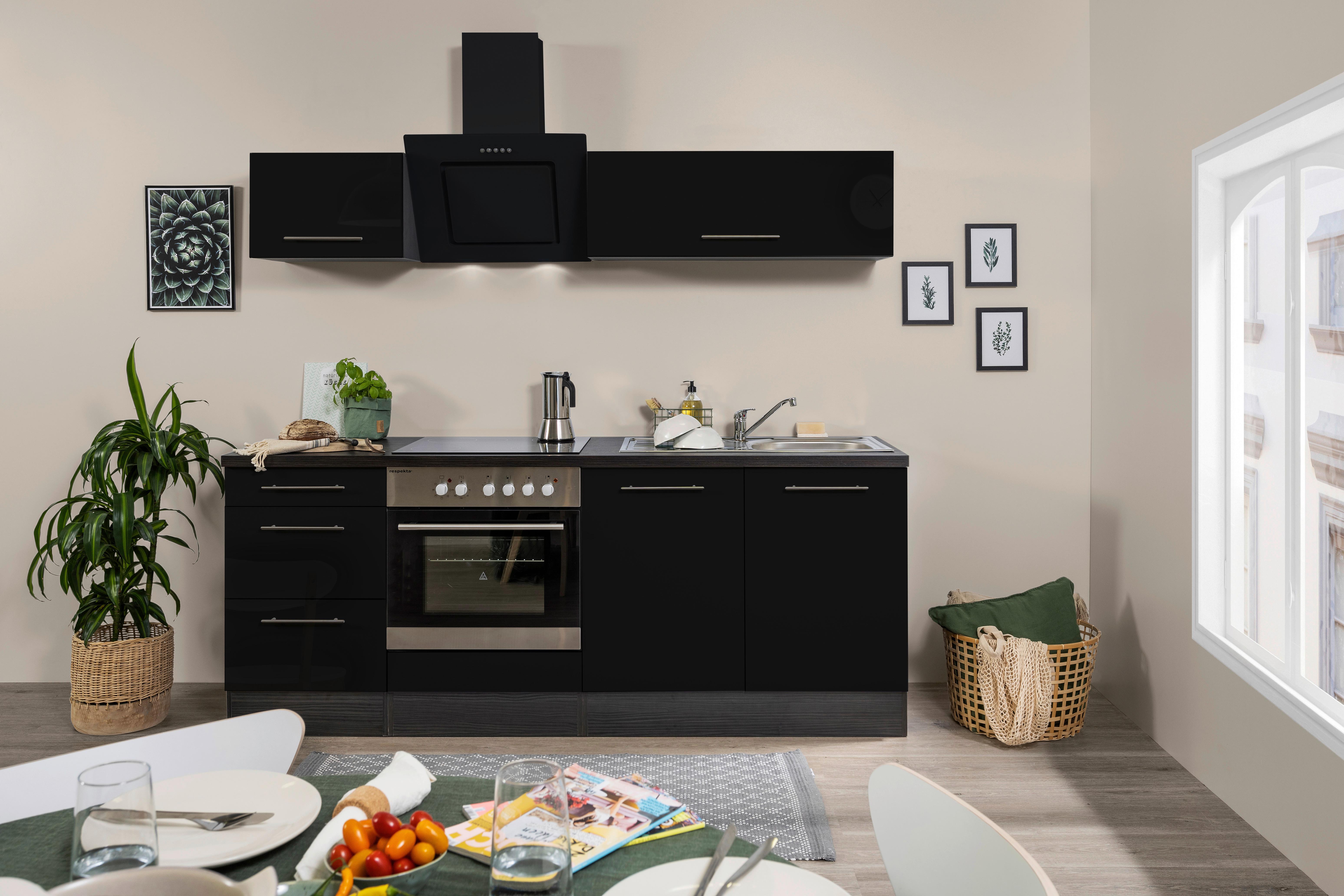 Küchenzeile mit Geräten 210 cm Schwarz Hochglanz - Schwarz/Grau, Basics, Holzwerkstoff (210cm) - Respekta