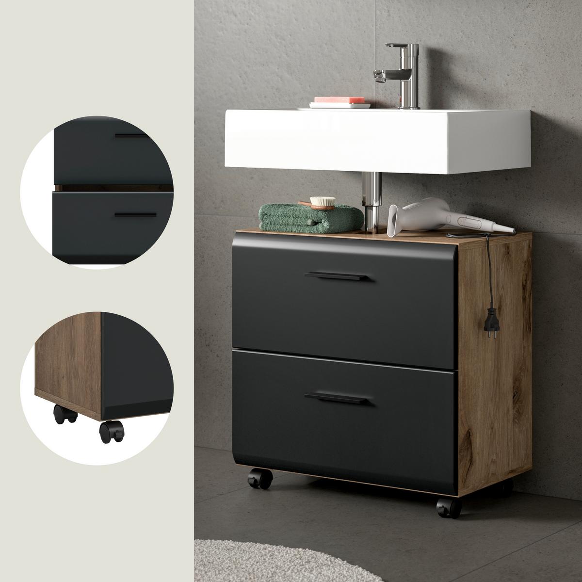 Waschbeckenunterschrank Ice Schwarz/Eiche Dekor B: 60cm - Eiche dunkel/Schwarz, Trend, Holzwerkstoff (60/58/30cm) - MID.YOU