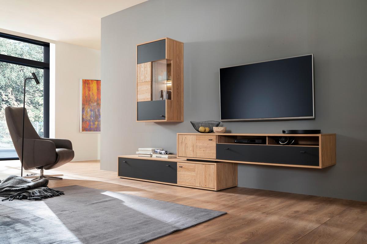 Wohnkombination teilmassiv 2tlg. Valencia Anthrazit/Eiche - Eiche Bianco/Anthrazit, Design, Glas/Holz (306/198/50cm) - MID.YOU