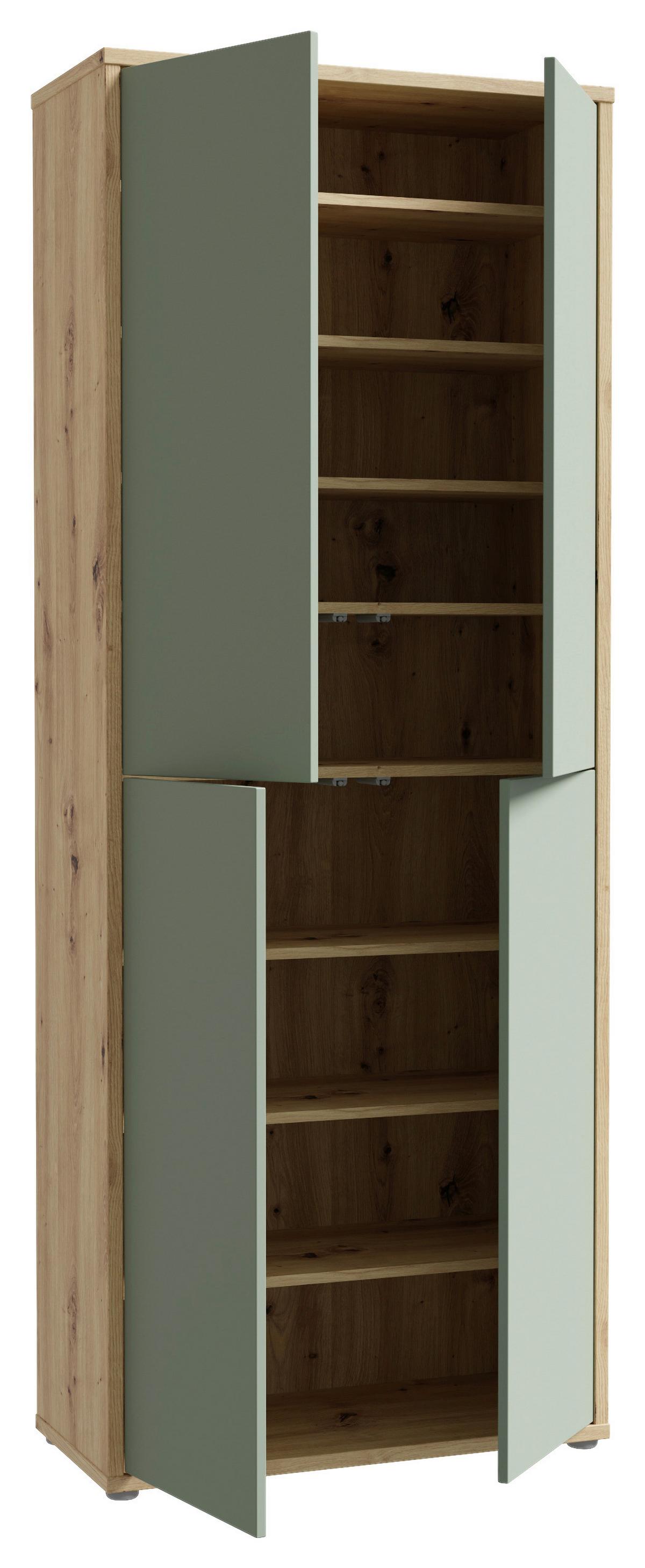 Skříň na boty, pastelově zelená/dub artisan - šedá/šalvějově zelená, Moderní, kompozitní dřevo/plast (74,5/191,9/34,9cm)