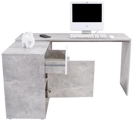 Praktischer Stauraum im Homeoffice Schreibtisch in Beton Dekor mit Schublade, Drehtür und offenen Fächern