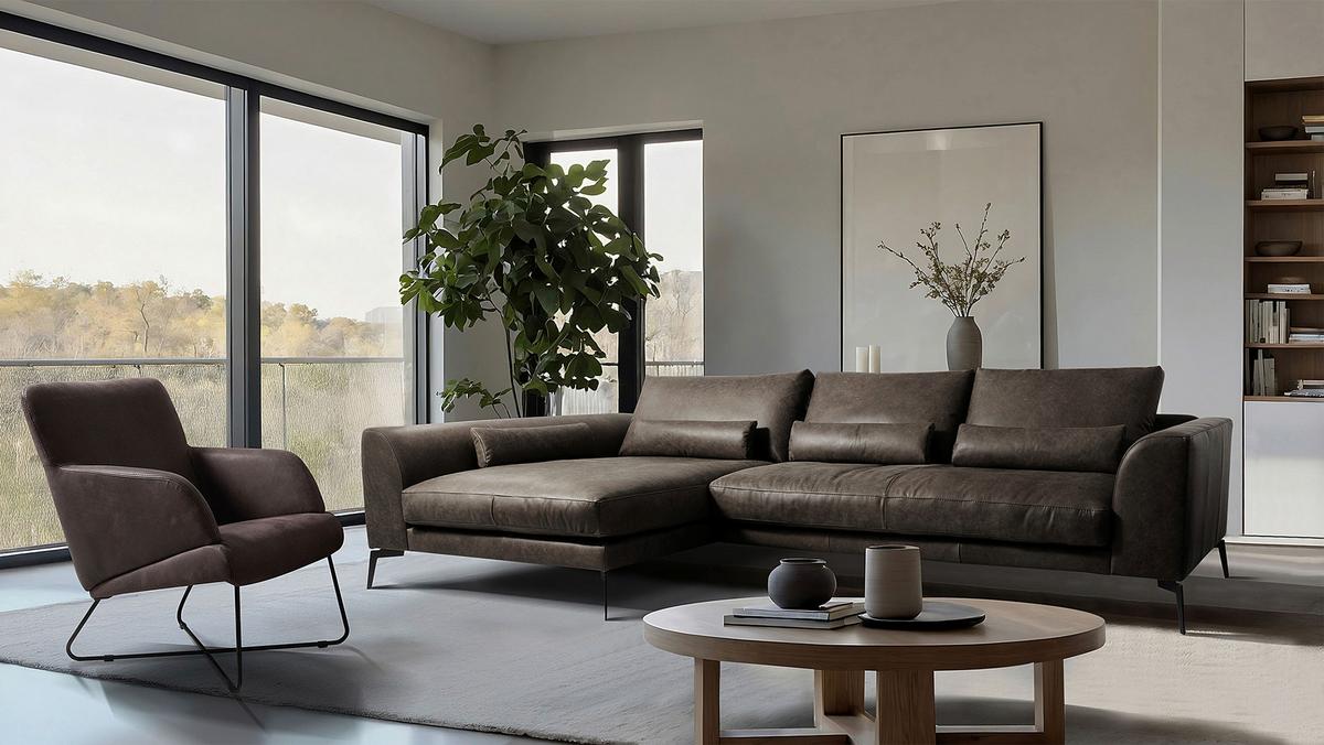 Ecksofa Berlin Fango S: 172 cm - Fango/Schwarz, Design, Leder (172/313cm) - Livetastic