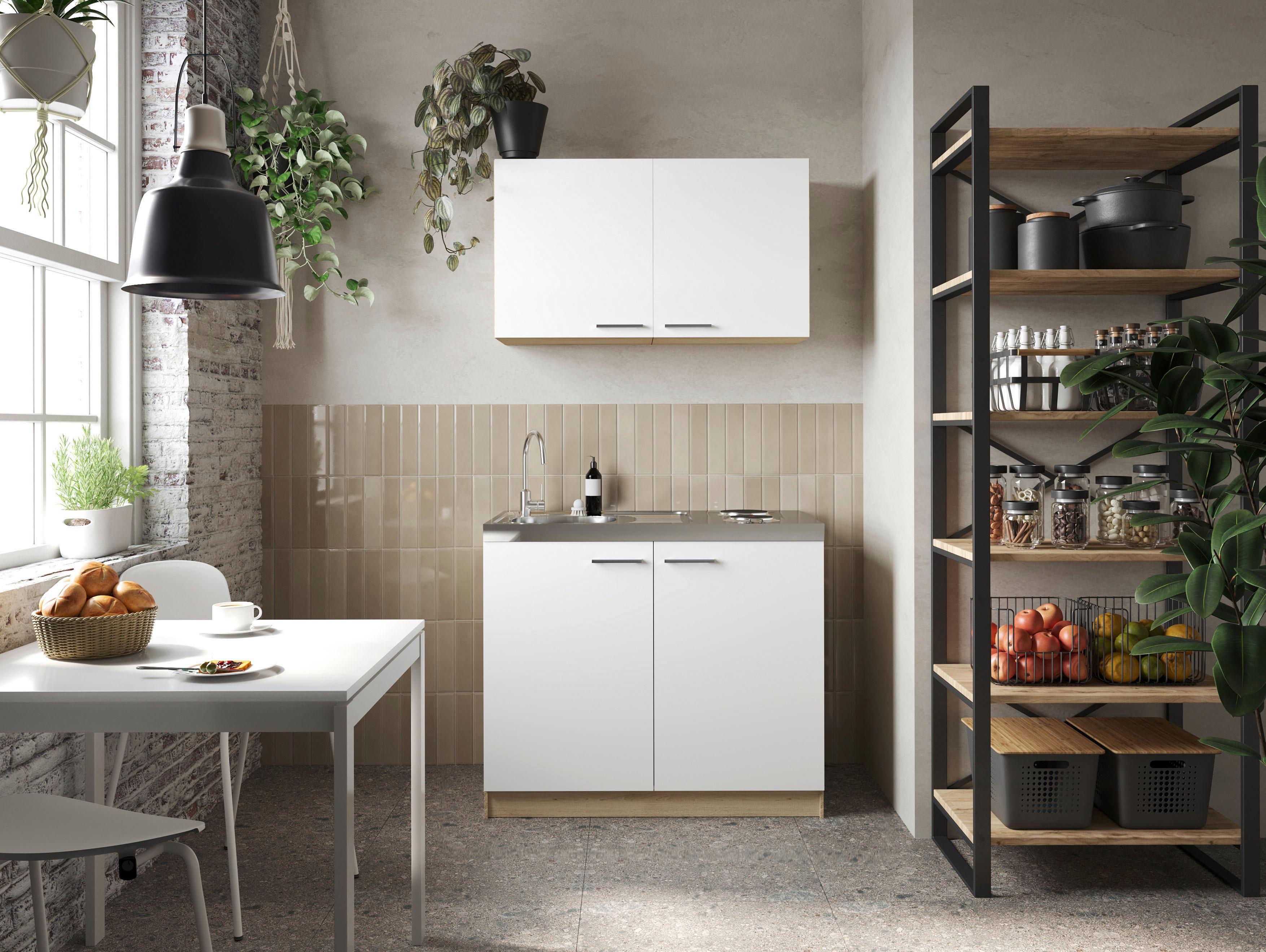 Miniküche Merle Weiß/Eiche Dekor B:100cm - Eichefarben/Weiß, Basics, Holzwerkstoff/Metall (100cm) - Respekta