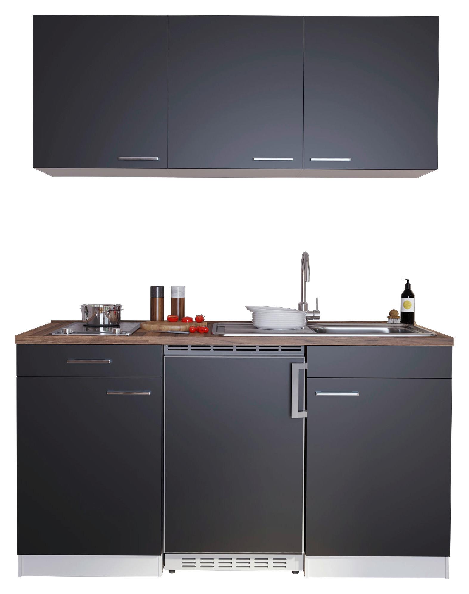 Miniküche Economy mit Geräten 150 cm Schwarz/ Nussbaum Dekor - Nussbaumfarben/Schwarz, Basics, Holzwerkstoff (150cm) - Respekta