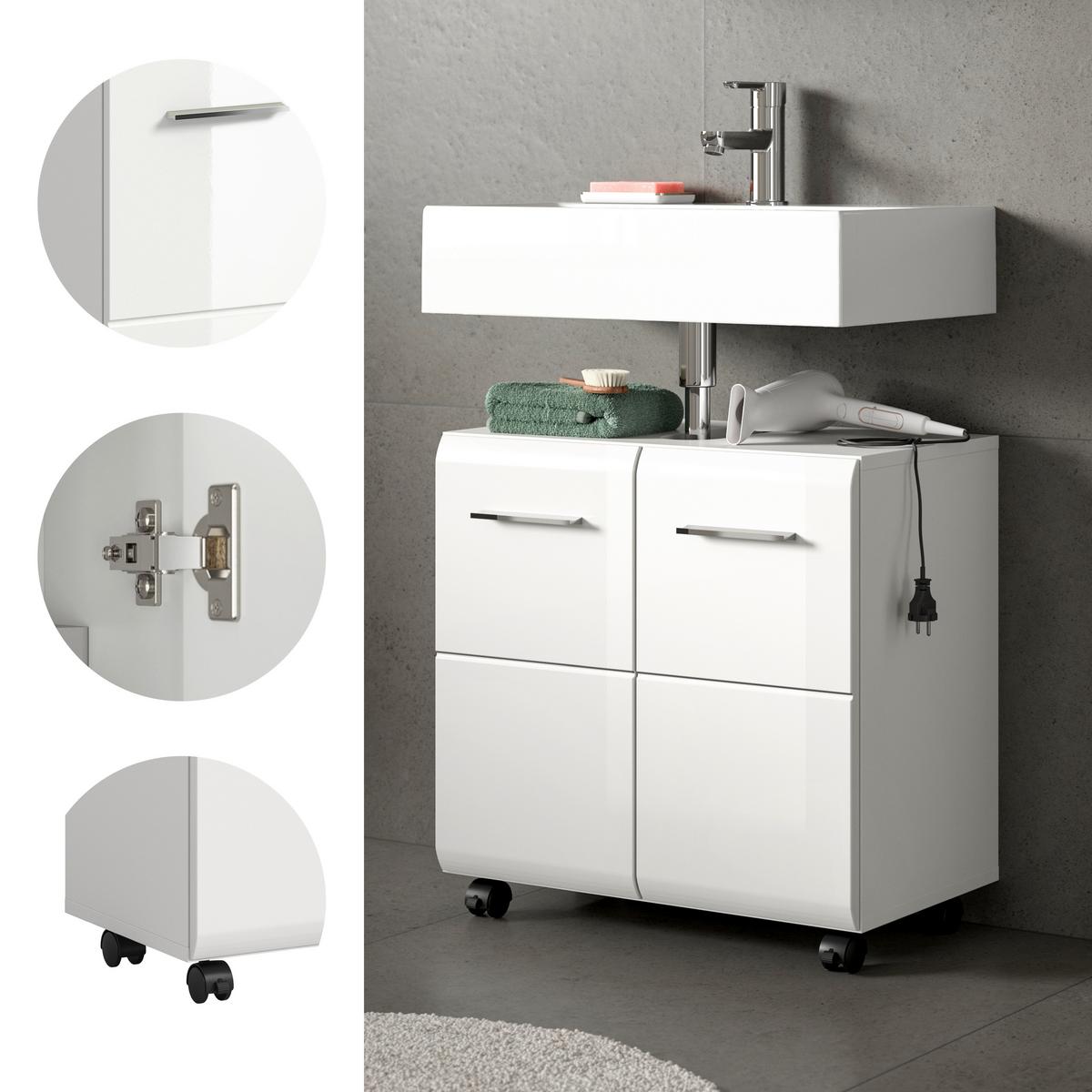 WASCHBECKENUNTERSCHRANK Ice Weiß/Weiß HG B: 60cm - Weiß Hochglanz/Schwarz, Trend, Holzwerkstoff (60/58/30cm) - MID.YOU