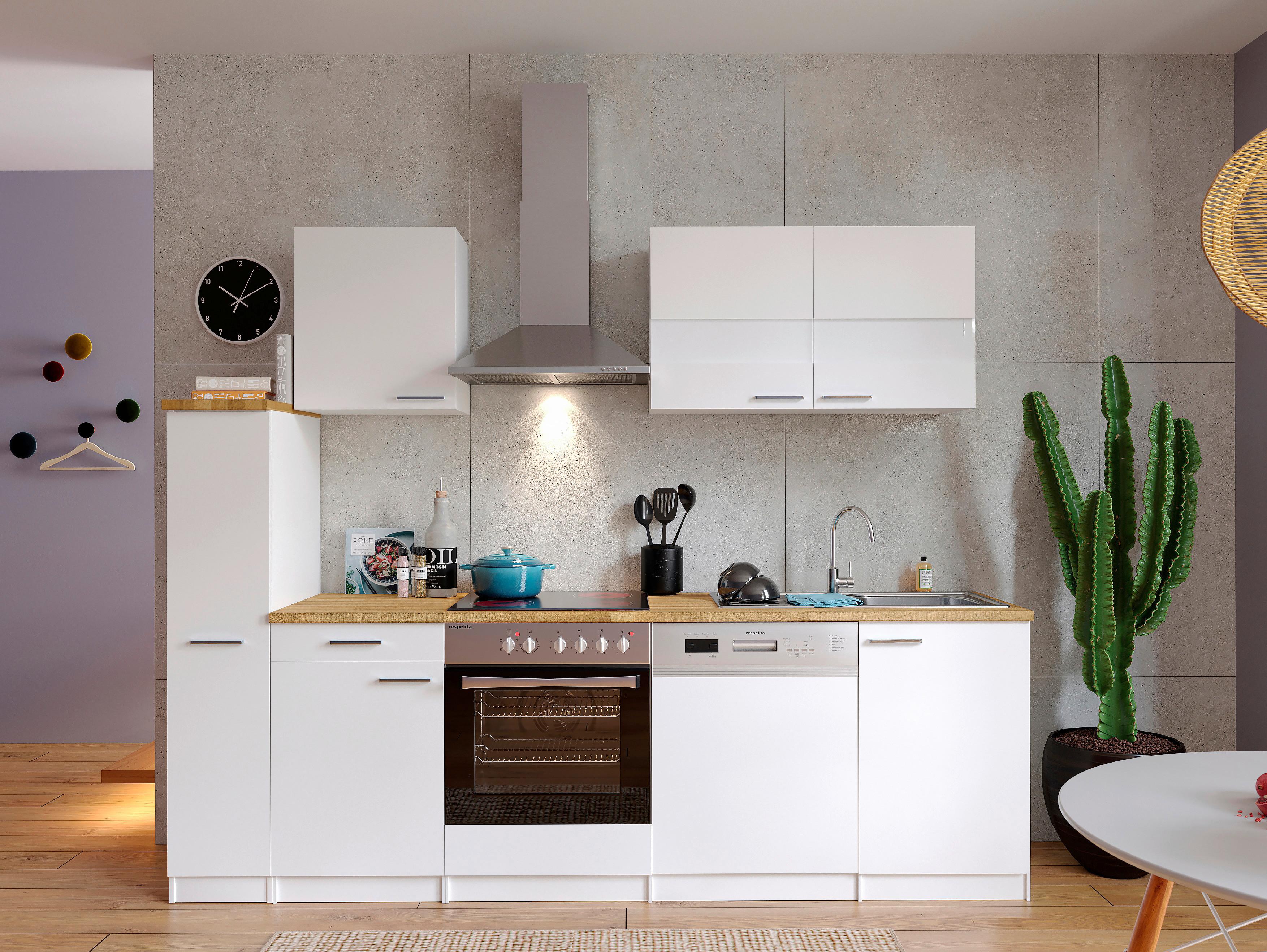 Küchenzeile Economy mit Geräten 250 cm Weiß/Nussbaum Dekor - Nussbaumfarben/Weiß, Basics, Holzwerkstoff (250cm) - Respekta