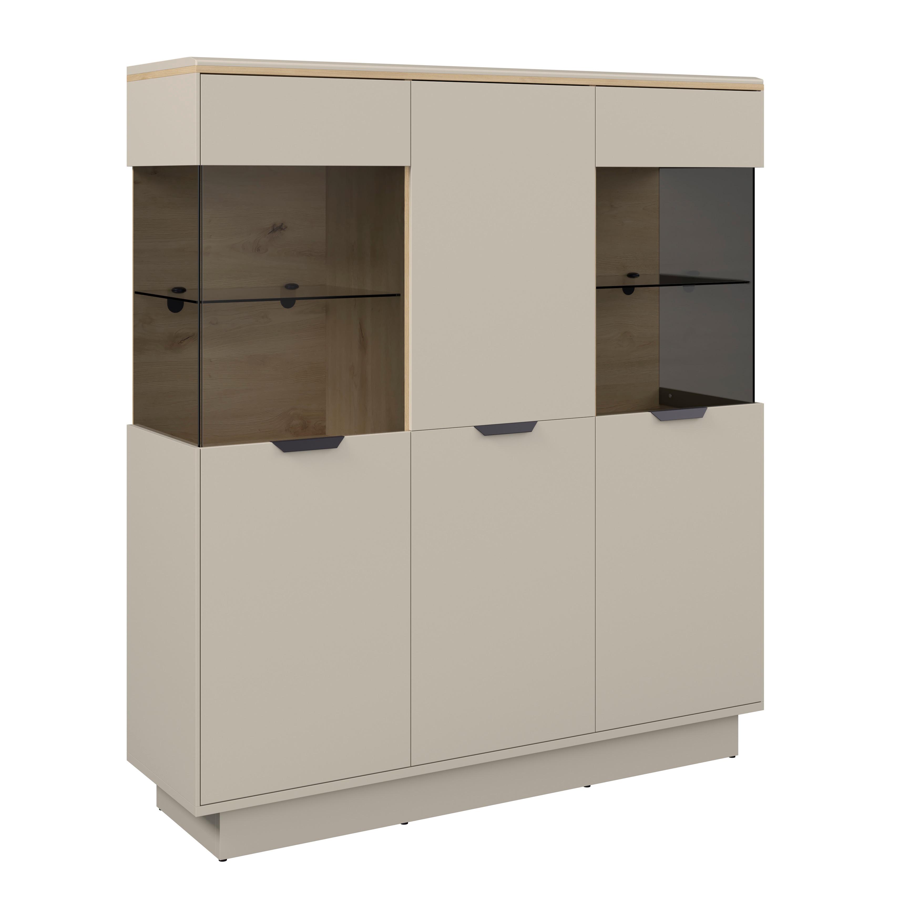 Highboard Darius Eiche Artisan/Kashmir,b:132cm - Kaschmir/Schwarz, Trend, Glas/Holzwerkstoff (132/148,3/37cm)