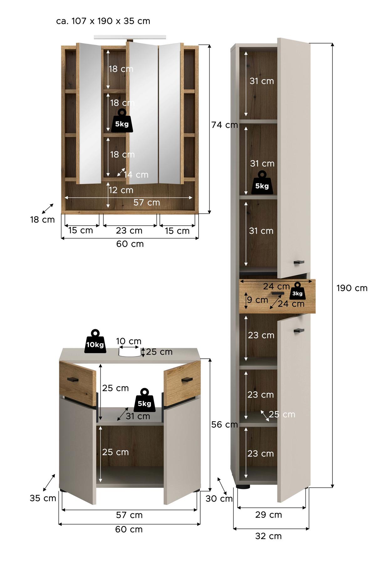 Badezimmer Aqua Kaschmir/Eichefarben B: 92cm - Kaschmir/Eichefarben, Trend, Glas/Holzwerkstoff (92cm) - MID.YOU