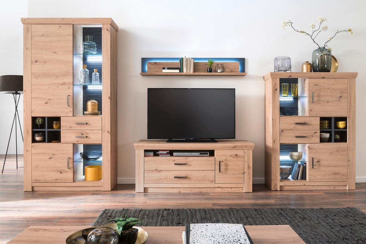 Wohnkombination 4-Tlg. Meran Anthrazit/Eichefarben - Eichefarben/Anthrazit, Design, Glas/Holzwerkstoff (371/211/55cm) - Livetastic