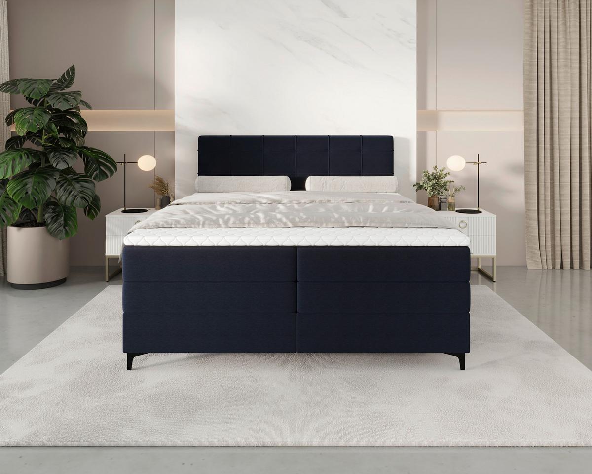 Boxspringbett Mitto mit Topper 180x200 cm - Schwarz/Dunkelblau, KONVENTIONELL, Textil/Metall (180/200cm)