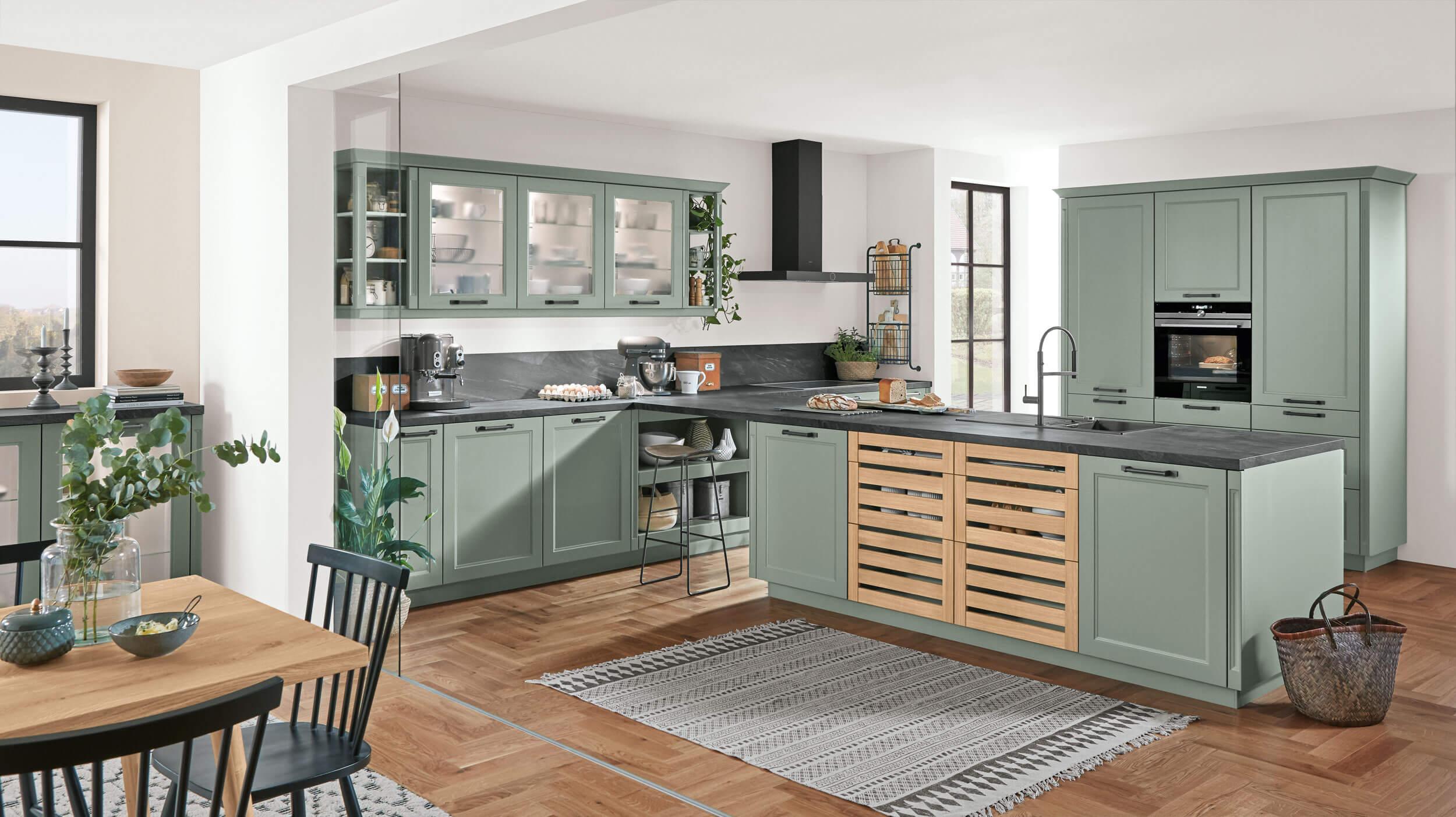 Einbauküche Columbia Frei Planbar Landhausstil - Schwarz/Grün, MODERN, Holzwerkstoff - Vertico