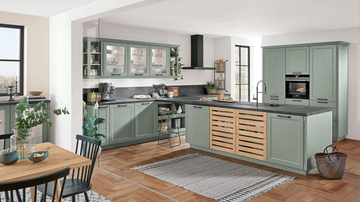 Einbauküche Columbia Frei Planbar Landhausstil - Schwarz/Grün, MODERN, Holzwerkstoff - Vertico