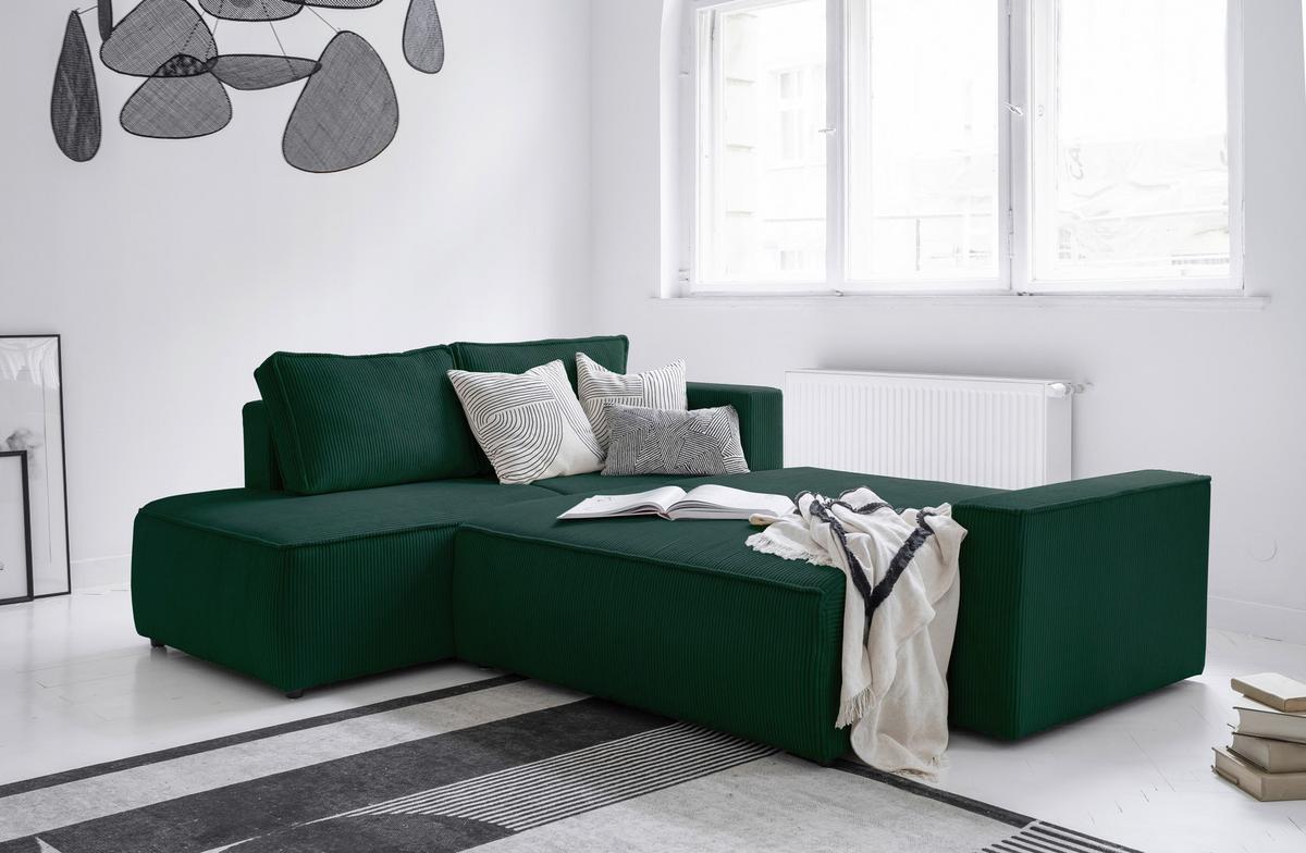 Sedačka OLIVER, ľavá, tmavozelená farba - čierna/tmavozelená, Design, textil/plast (194/247cm) - MID.YOU
