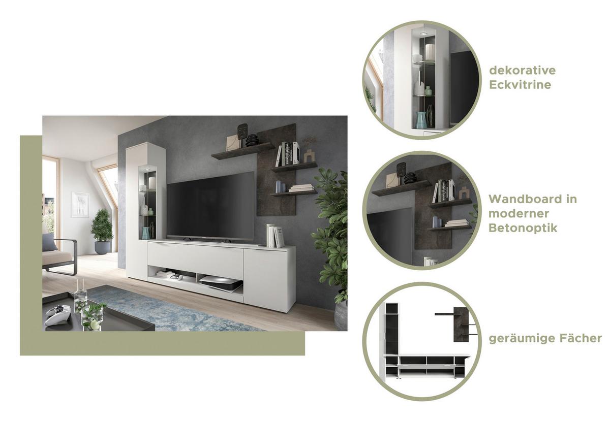 Szekrénysor Ben - fehér/szürke, Design, faalapú anyag/Üveg (250/190/35cm) - Livetastic
