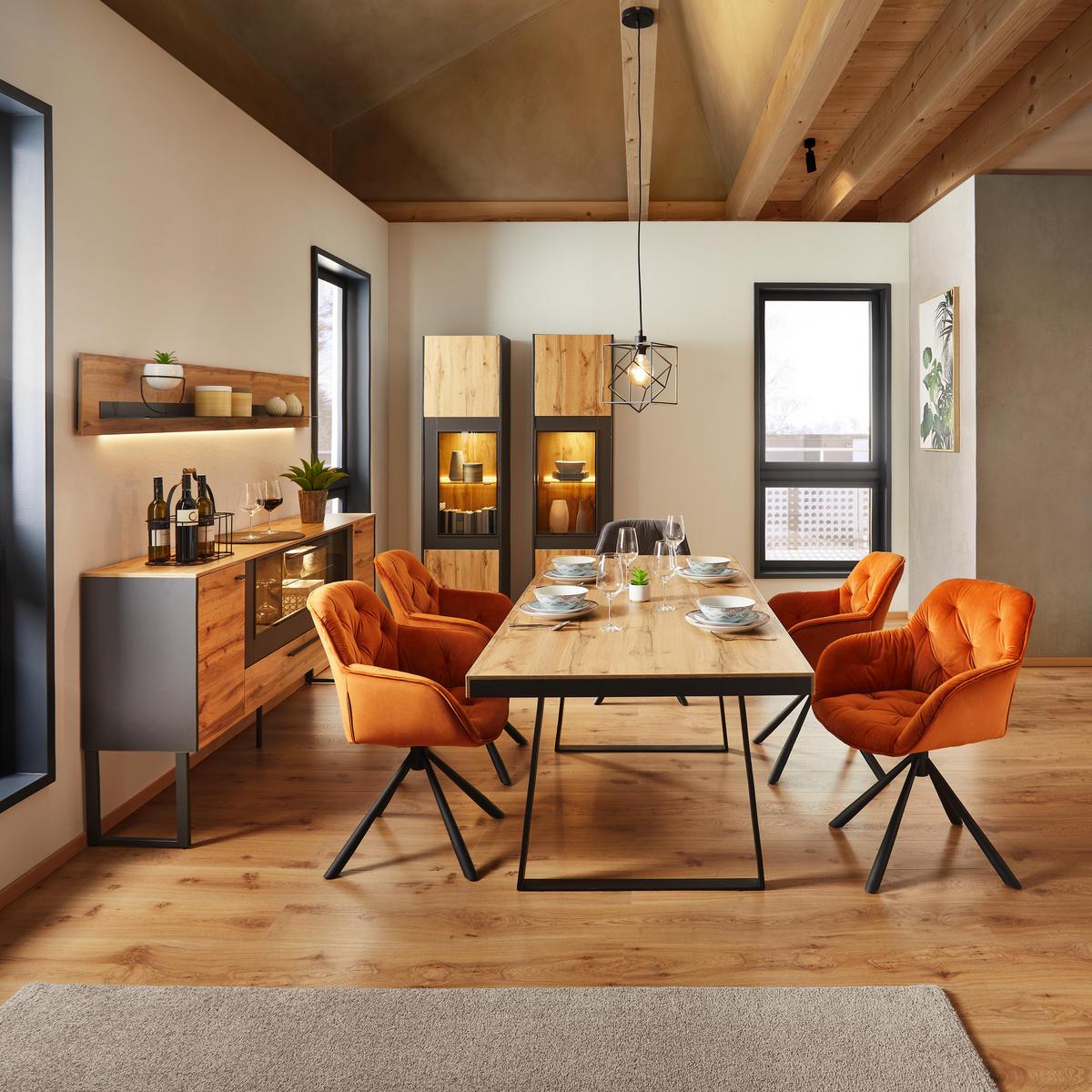 VITRÍNA SKAGEN - barvy dubu/černá, Moderní, kov/kompozitní dřevo (56/196/40cm) - Premium Living