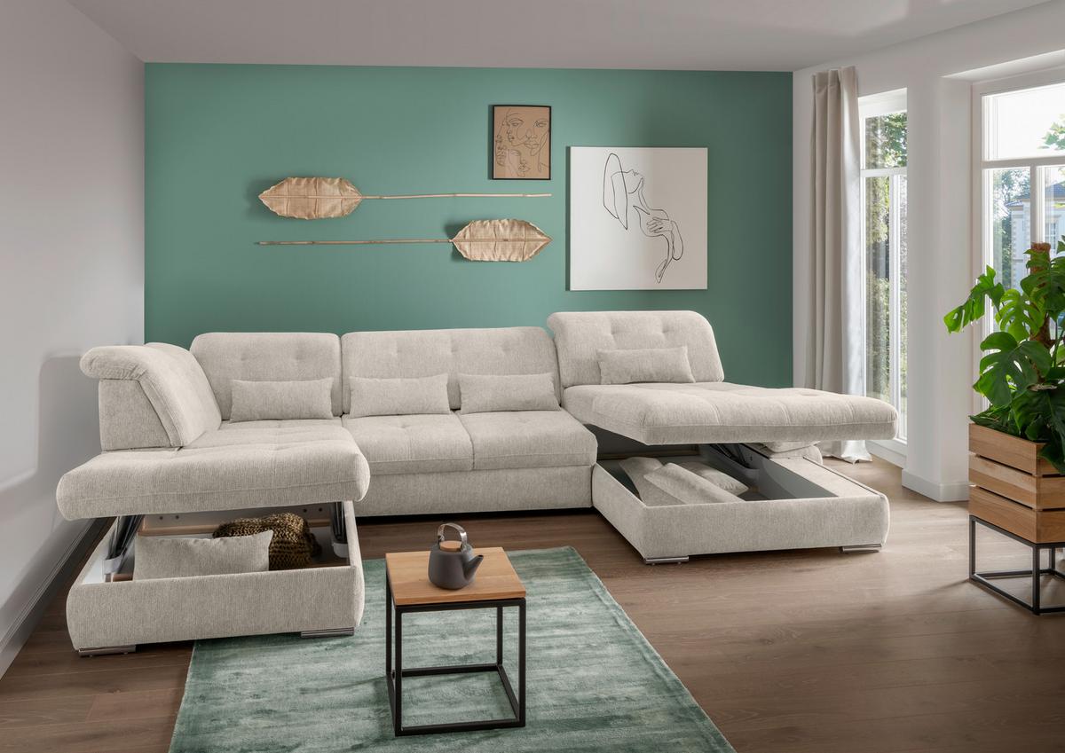 Wohnlandschaft Dalida Beige U: 254x376x195 Cm - Chromfarben/Beige, Design, Textil (254/376/195cm) - Livetastic