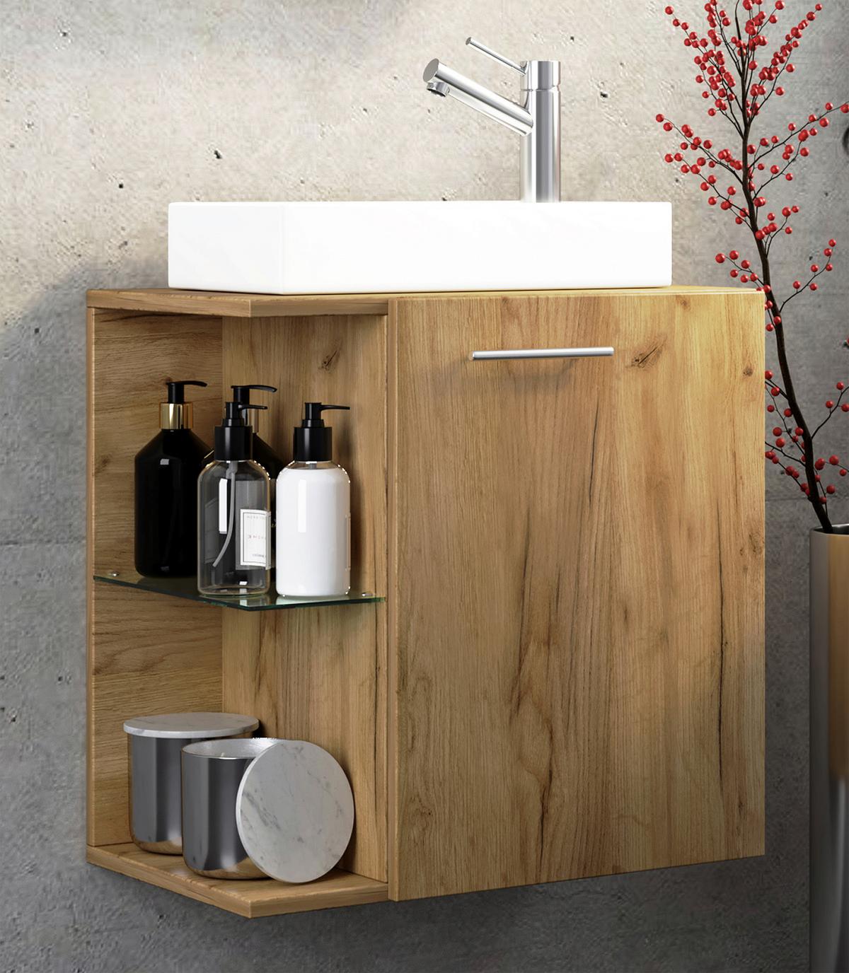 Waschtischkombi Hausa - Honigeiche/Weiß, MODERN, Glas/Keramik (52cm) - MID.YOU