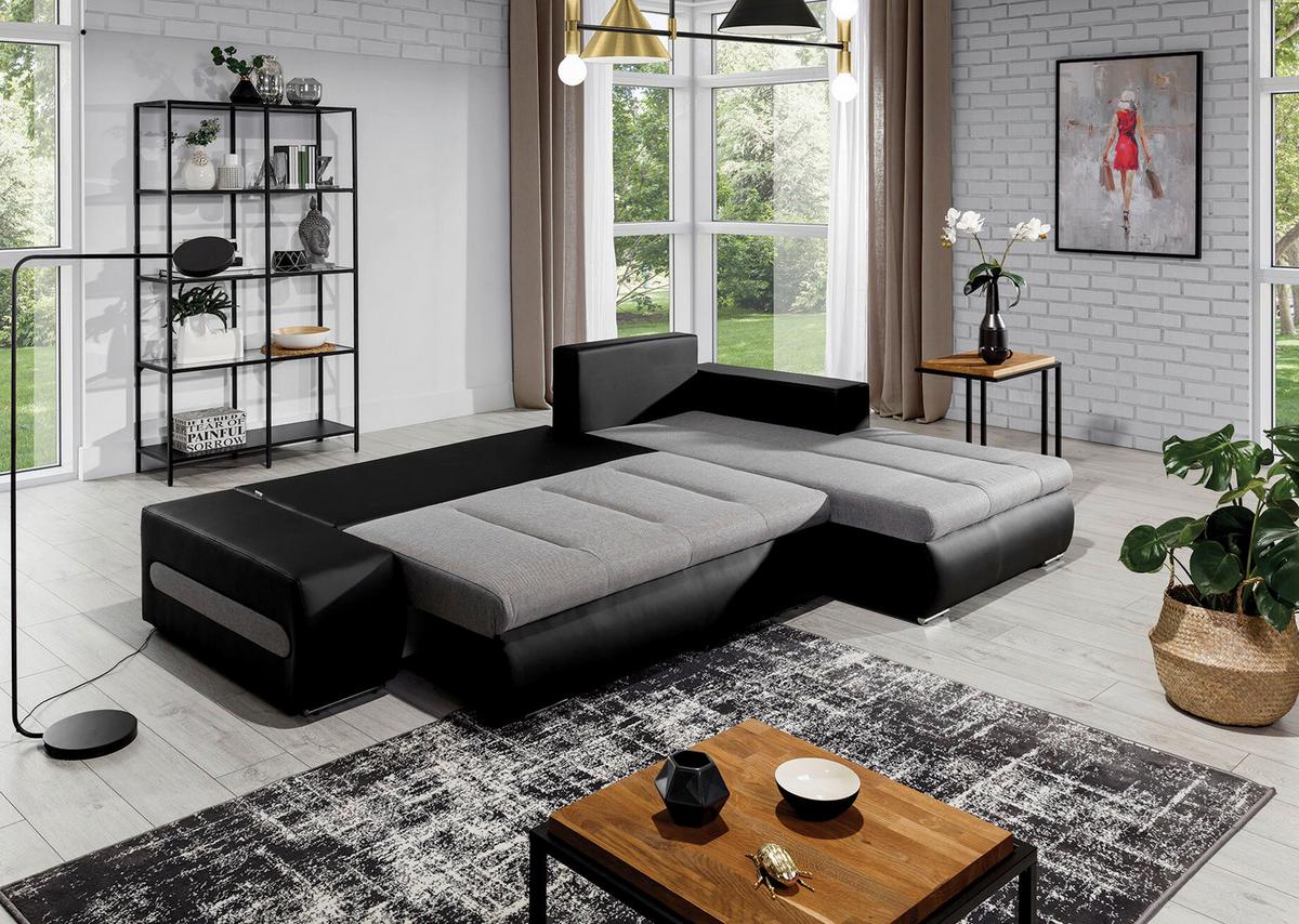 Ecksofa Ottavio Schwarz/Hellgrau S: 275x180 cm - Chromfarben/Hellgrau, Design, Textil (275/180cm) - MID.YOU