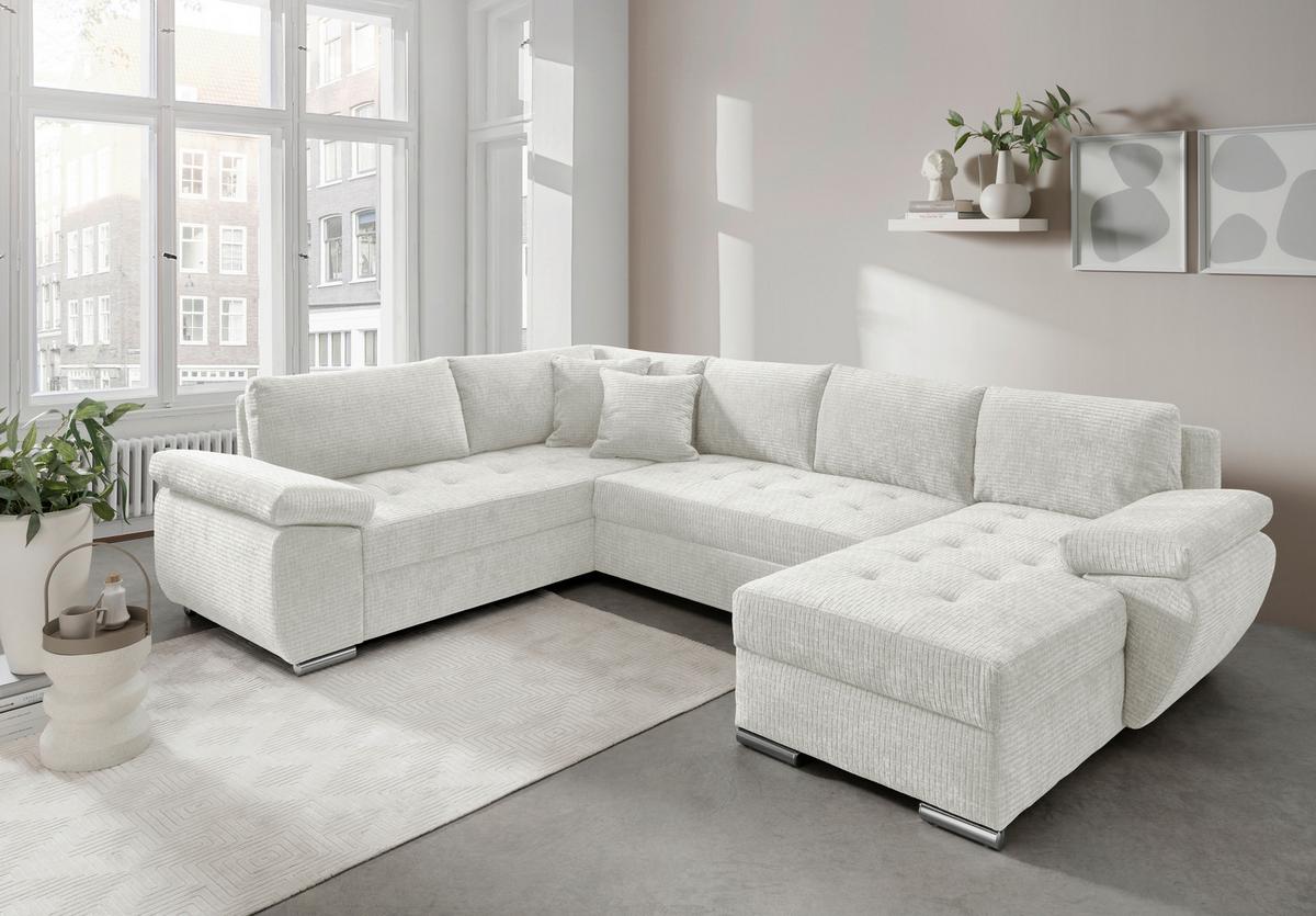 Wohnlandschaft Terana Creme mit Schlaffunktion, Mikrofaser - Chromfarben/Creme, KONVENTIONELL, Textil (219/305/157cm) - Livetastic