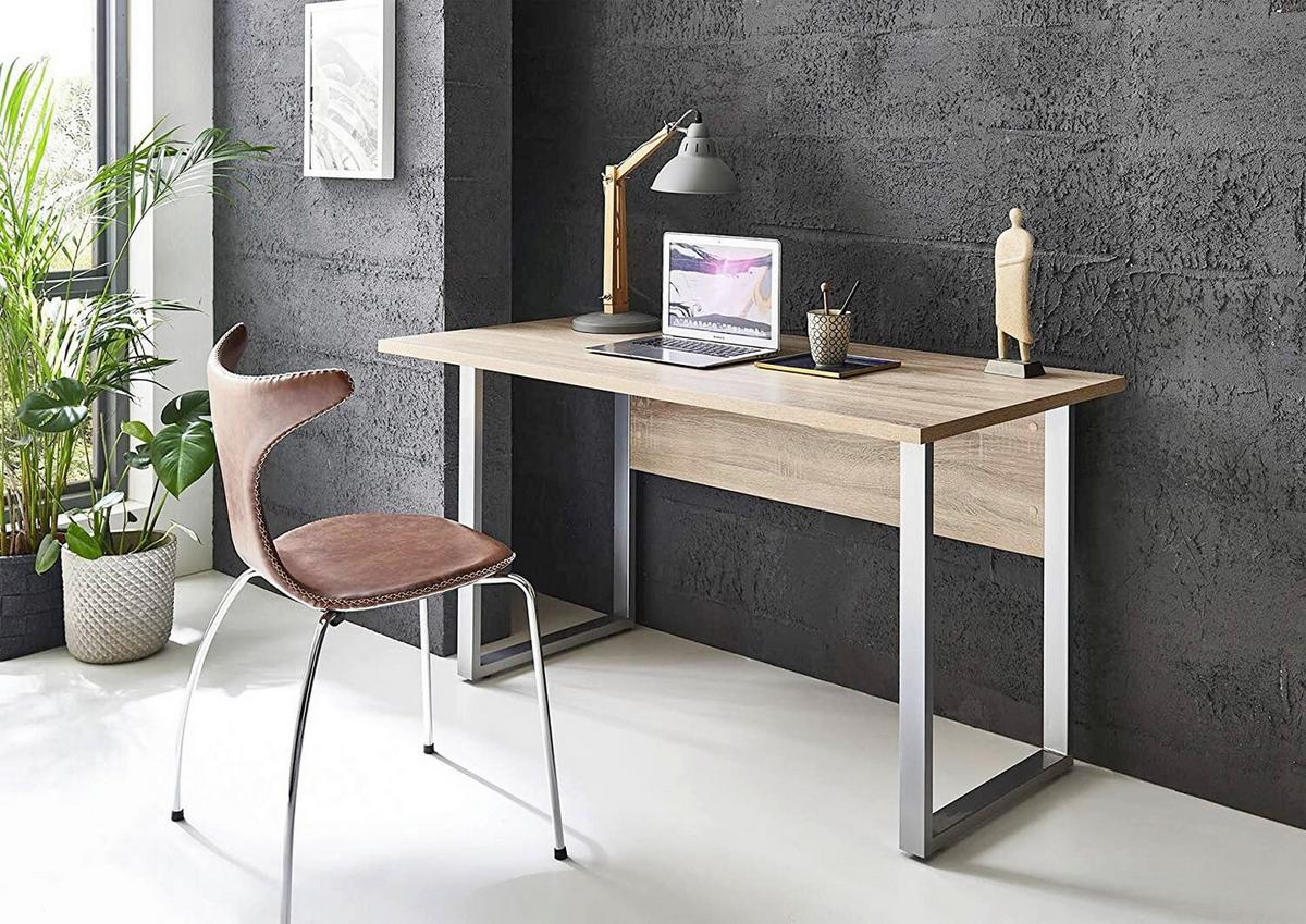Schreibtisch Office Edition Sonoma Eiche Dekor L: 138cm - Silberfarben/Sonoma Eiche, MODERN, Holzwerkstoff/Metall (138/74/67cm) - MID.YOU