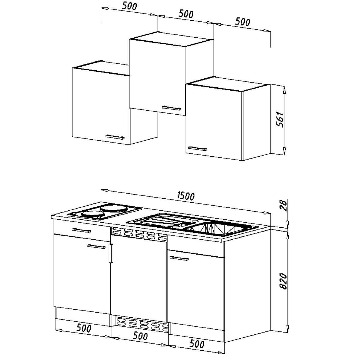 Miniküche mit Kühlschrank + Kochfeld 150cm Rot/Eiche Dekor - Rot, Basics, Holzwerkstoff (150cm) - Respekta