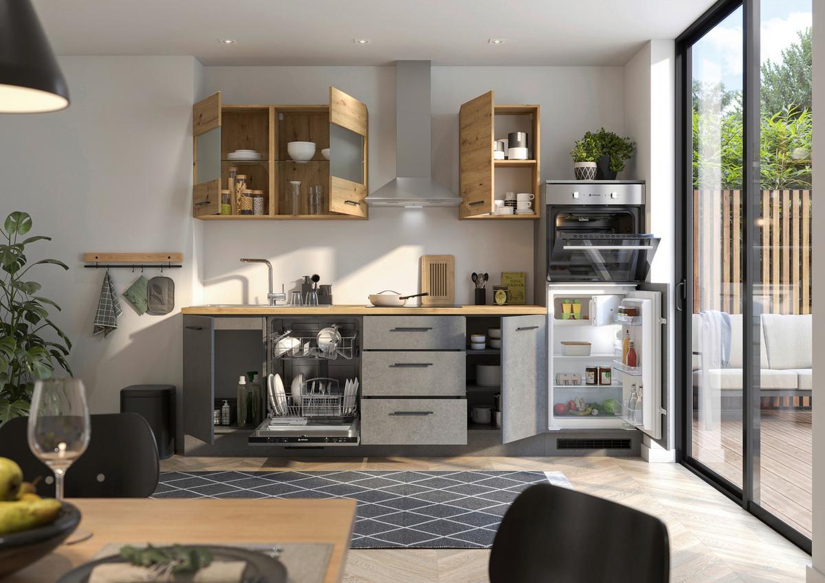 Küchenblock Capri D. Grau/Eiche Dekor B: 280 cm - Dunkelgrau/Eiche Artisan, Basics, Glas/Holzwerkstoff (280cm) - MID.YOU