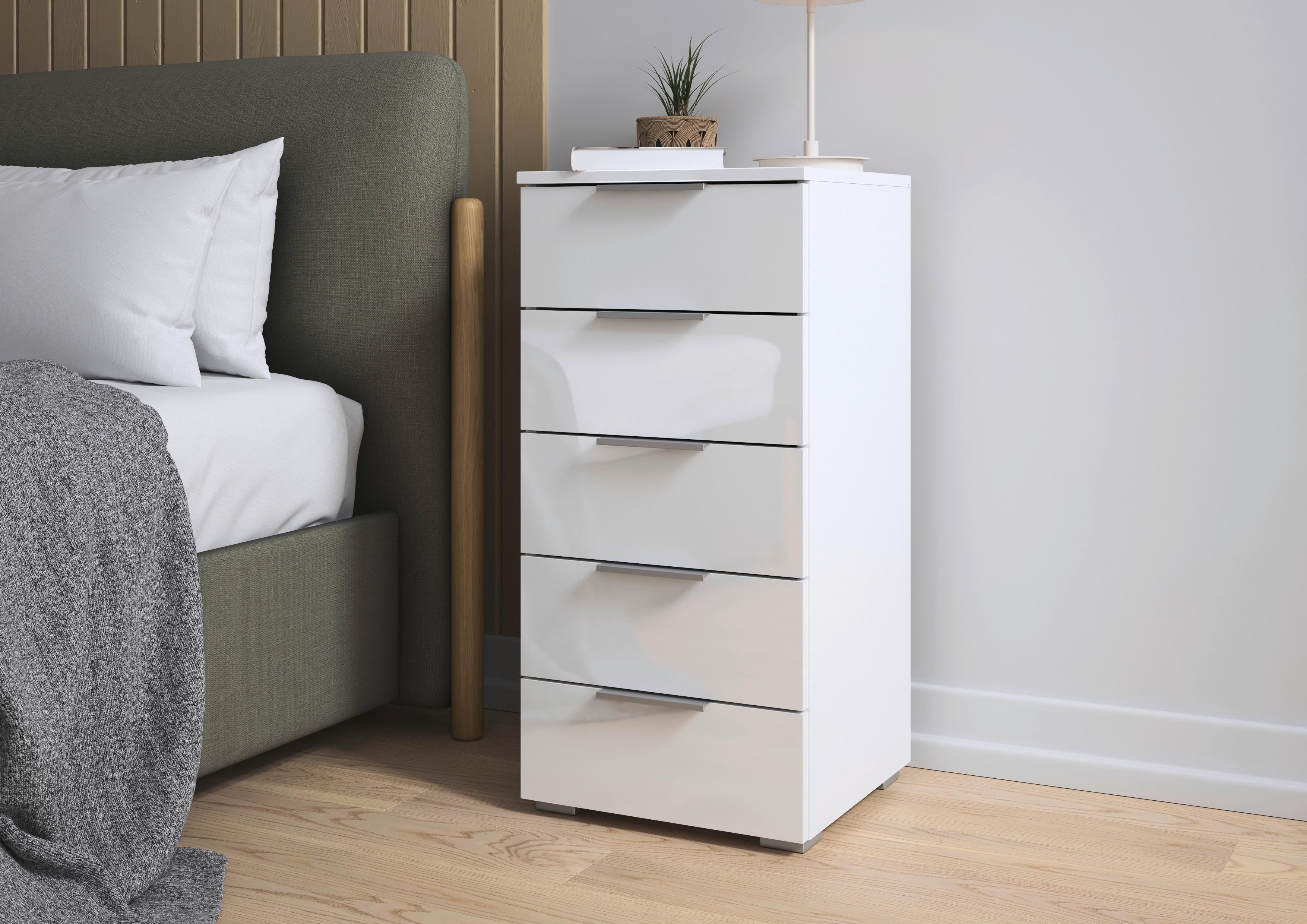 Nachtkästchen Mars 5l-Hg Weiß B: 84 cm - Weiß Hochglanz/Alufarben, Basics, Holzwerkstoff (40/84/40cm)