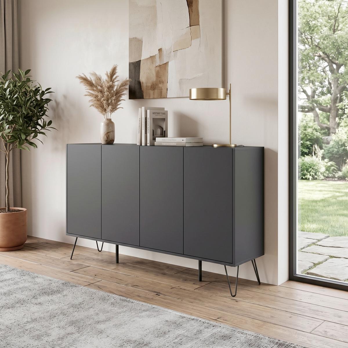 Sideboard Posseik Industrial Graphitfarben B: 155 cm - Graphitfarben/Schwarz, Design, Holzwerkstoff (155/93,6/42cm) - MID.YOU