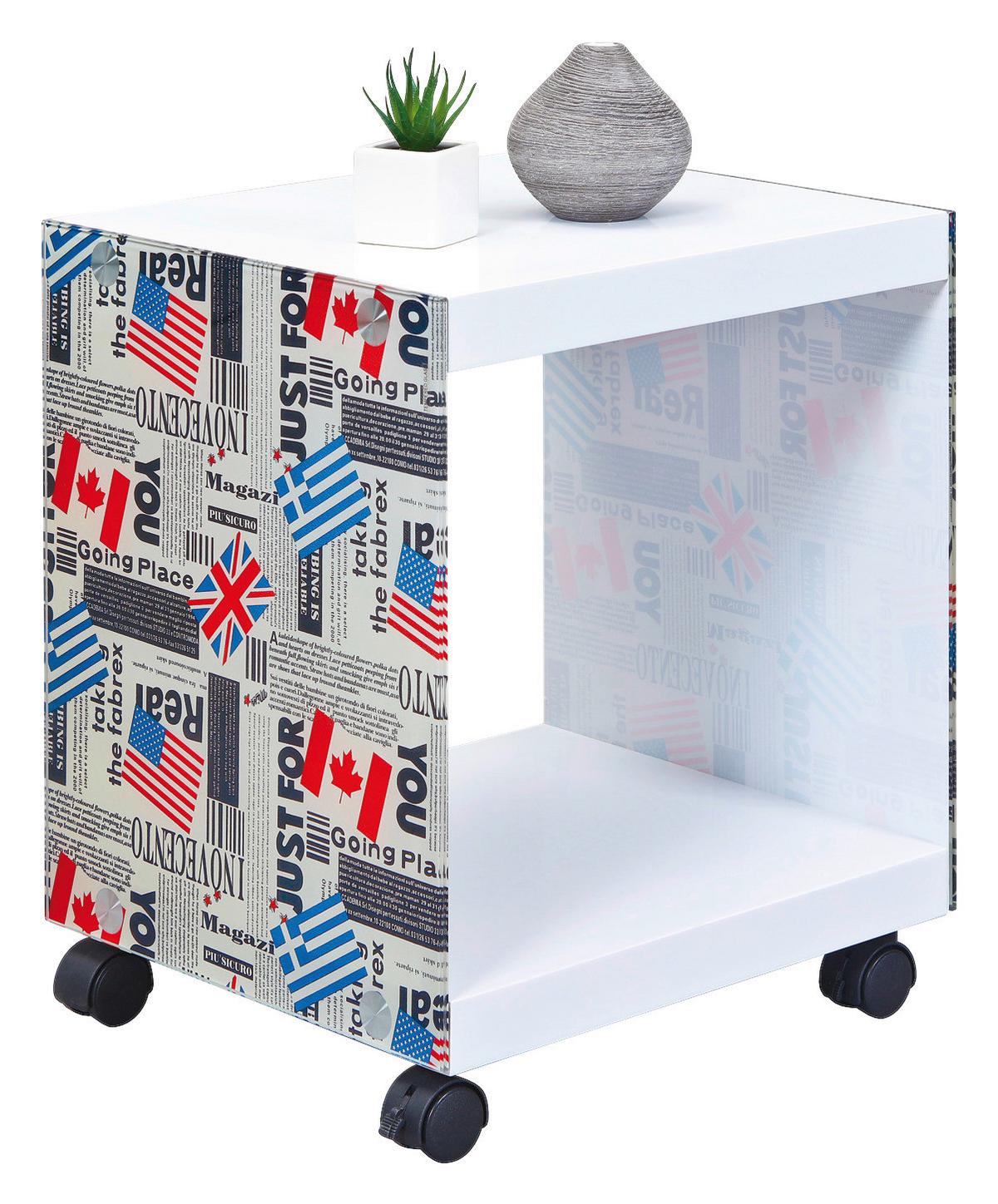 Couchtisch mit Ablagefach + Rollen Flagcube, Weiß/Mix - Blau/Rot, Basics, Glas/Holzwerkstoff (38/33,50/46cm) - MID.YOU