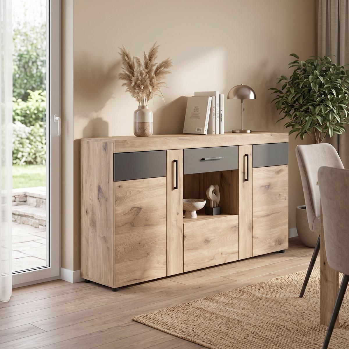 Sideboard Grano Eichefarben B: 157 cm - Eichefarben/Dunkelgrau, Trend, Glas/Holzwerkstoff (157/86/40,9cm)