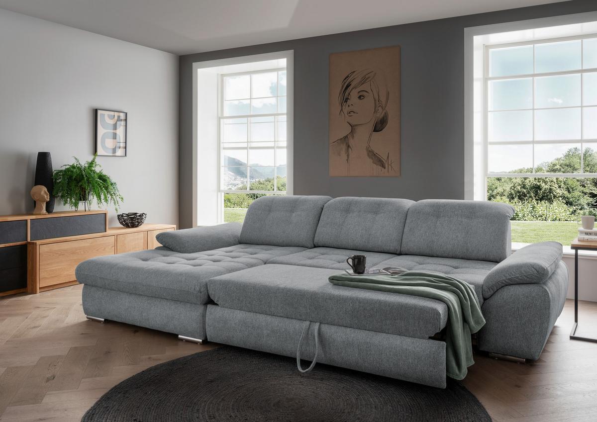 Ecksofa mit Bettkasten Rigatti Silberfarben 184x314cm - Chromfarben/Anthrazit, MODERN, Textil (184/314cm) - Livetastic