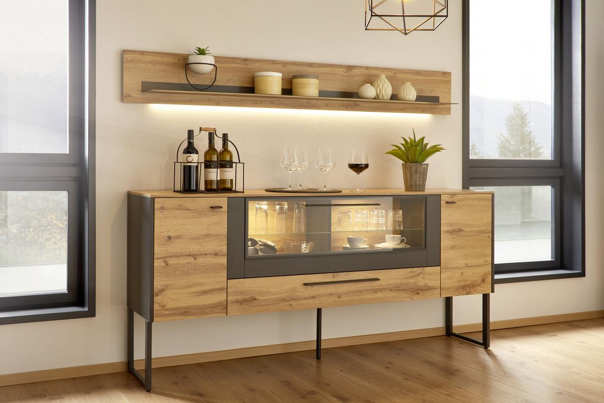 NÁSTĚNNÁ POLICE SKAGEN - černá/barvy dubu, Moderní, kov/kompozitní dřevo (197/27/22cm) - Premium Living