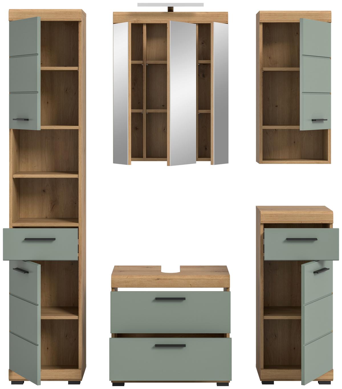 Kúpeľňa Scout, 5-dielna, dub, šedo-zelená, čierna - čierna/dub artisan, Modern, kompozitné drevo/plast (164cm) - MID.YOU