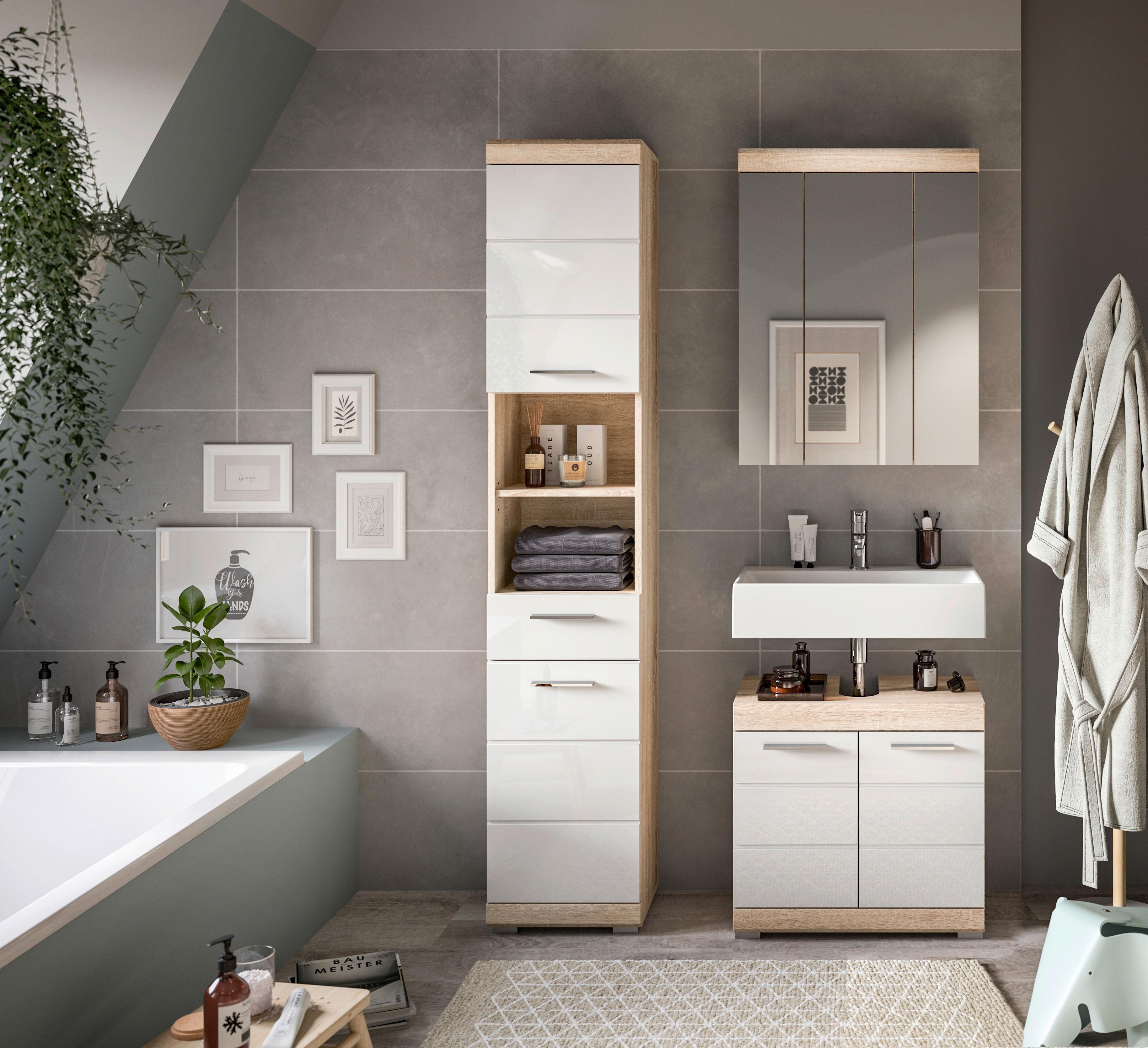 Badezimmer Lambada Eiche Dekor/Weiß B: 97 cm - Weiß Hochglanz/Silberfarben, MODERN, Glas/Holzwerkstoff (97cm) - MID.YOU