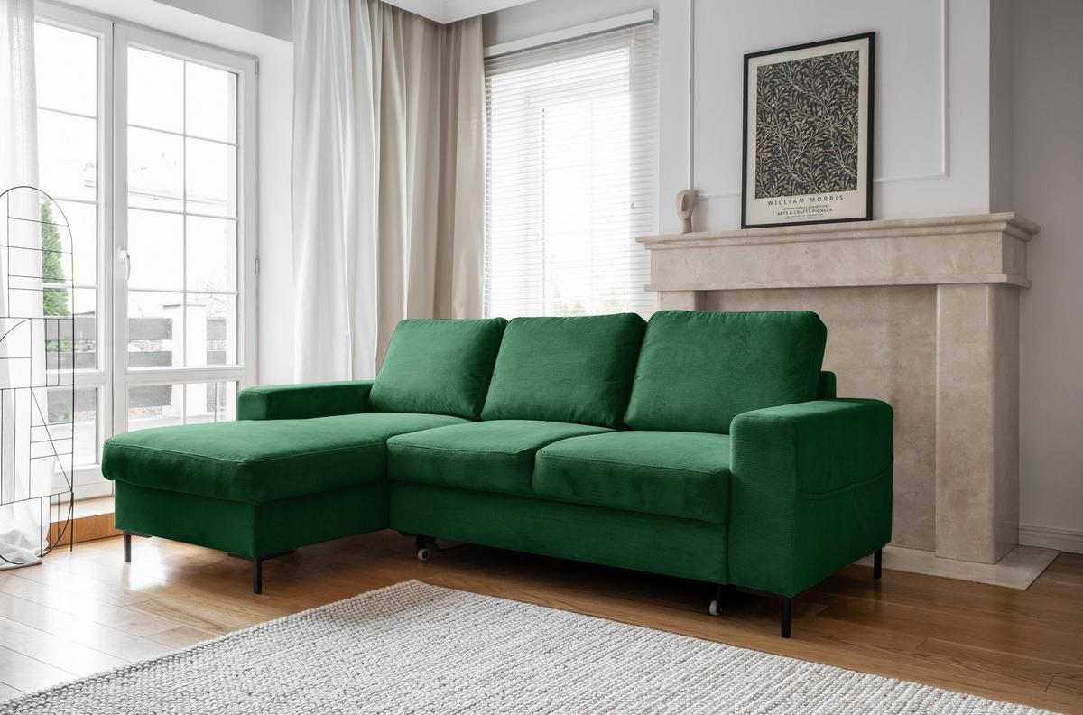 Rohová sedačka LEONIE, levá, smaragdově zelený manšestr - černá/smaragdově zelená, Design, kov/dřevo (148/236cm)