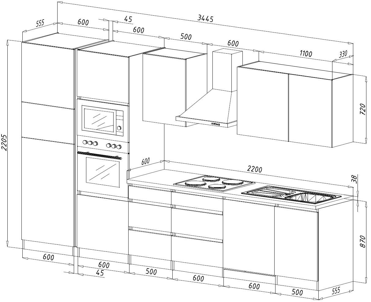 Küchenzeile Premium mit Geräten 345 cm Weiß/Eiche Dekor - Eichefarben/Weiß Hochglanz, Basics, Holzwerkstoff (345cm) - Respekta