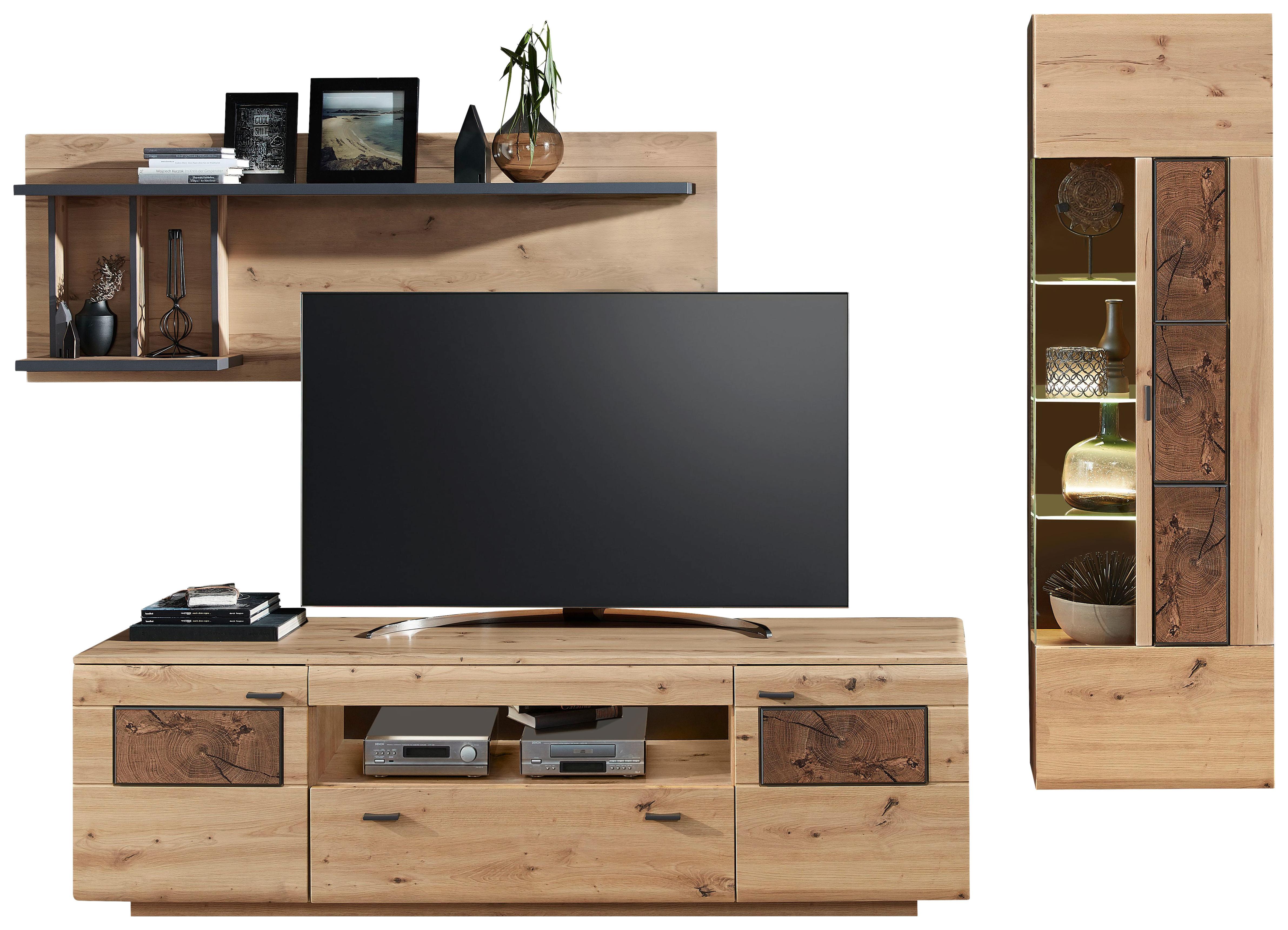 Wohnwand Madera II 40a6hh82 - Eichefarben/Graphitfarben, MODERN, Glas/Holzwerkstoff (285/193/47cm) - Livetastic