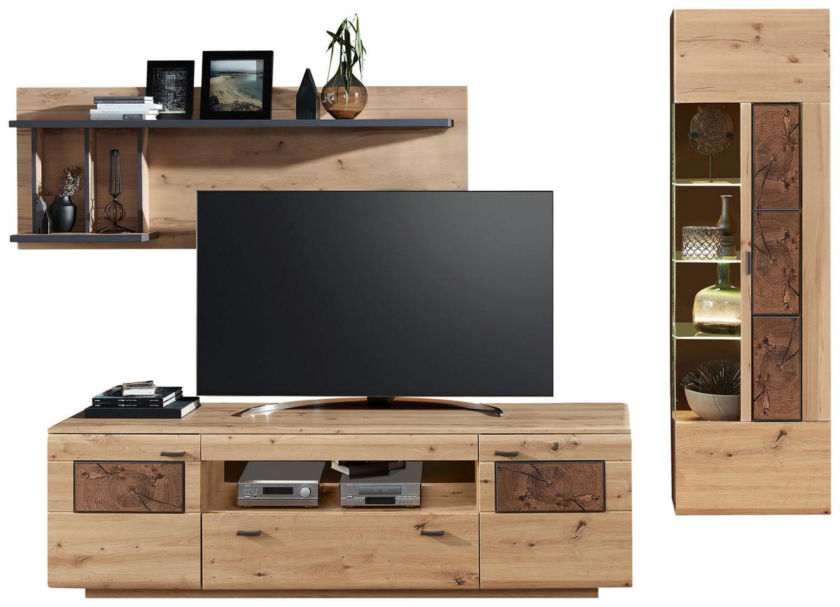 Wohnwand Madera II 40a6hh82 - Eichefarben/Graphitfarben, MODERN, Glas/Holzwerkstoff (285/193/47cm) - Livetastic