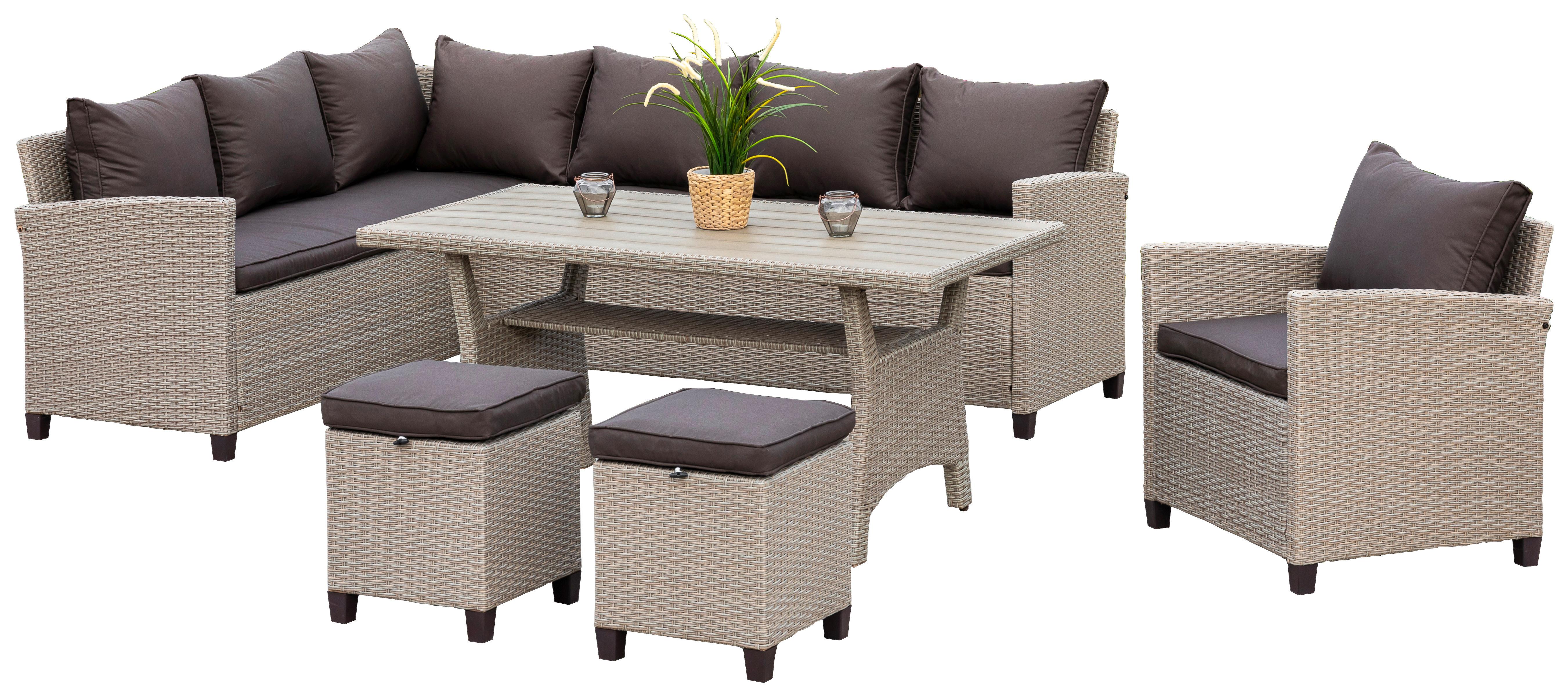 Loungegarnitur 5--teilig. Palma Kunststoffgeflecht mit Kissen - Dunkelbraun/Naturfarben, KONVENTIONELL, Kunststoff/Textil (239/170cm) - Gardenson