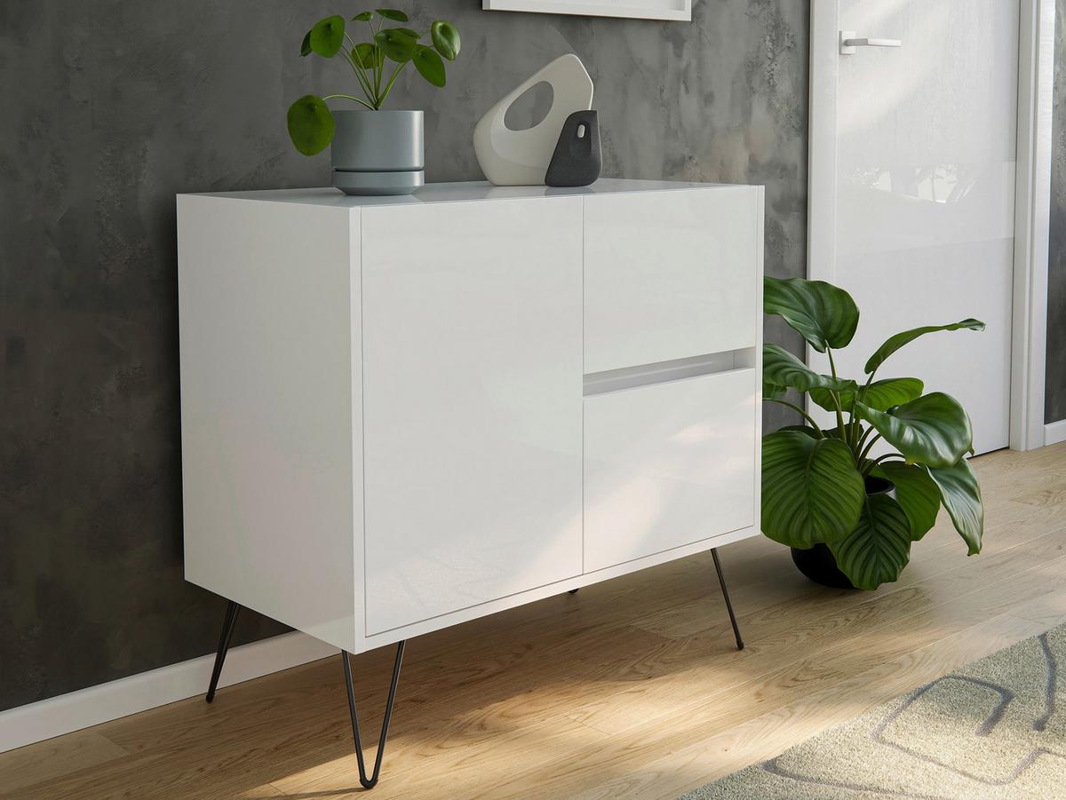 Sideboard Posseik Industrial Weiß B: 79 cm - Weiß Hochglanz/Schwarz, Design, Holzwerkstoff (79/75,8/42cm) - MID.YOU