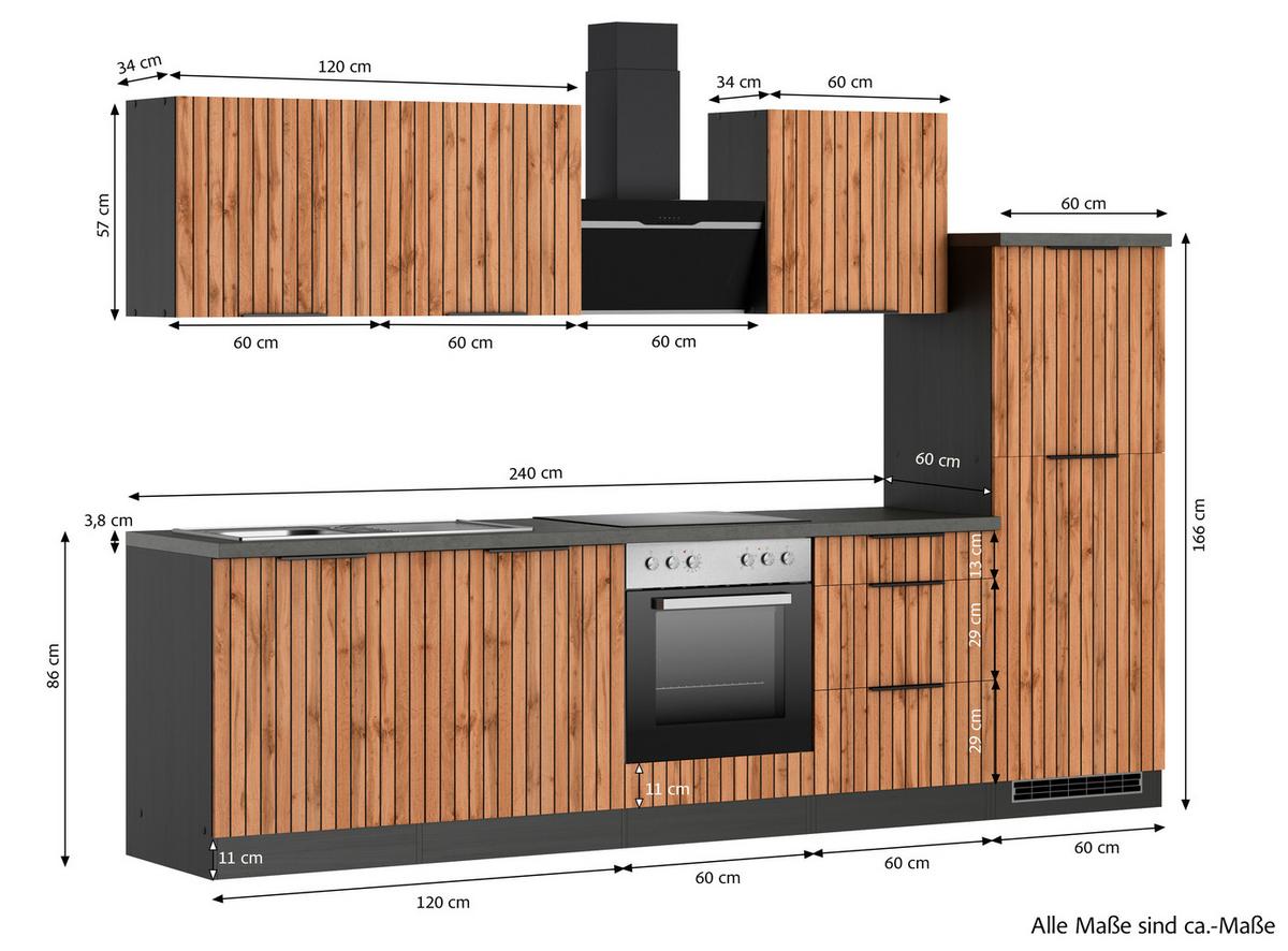 Küchenblock Liverpool Graphit/Eiche Dekor B: 300 cm - Schieferfarben/Eiche Wotan, Basics, Holzwerkstoff (300cm) - Held