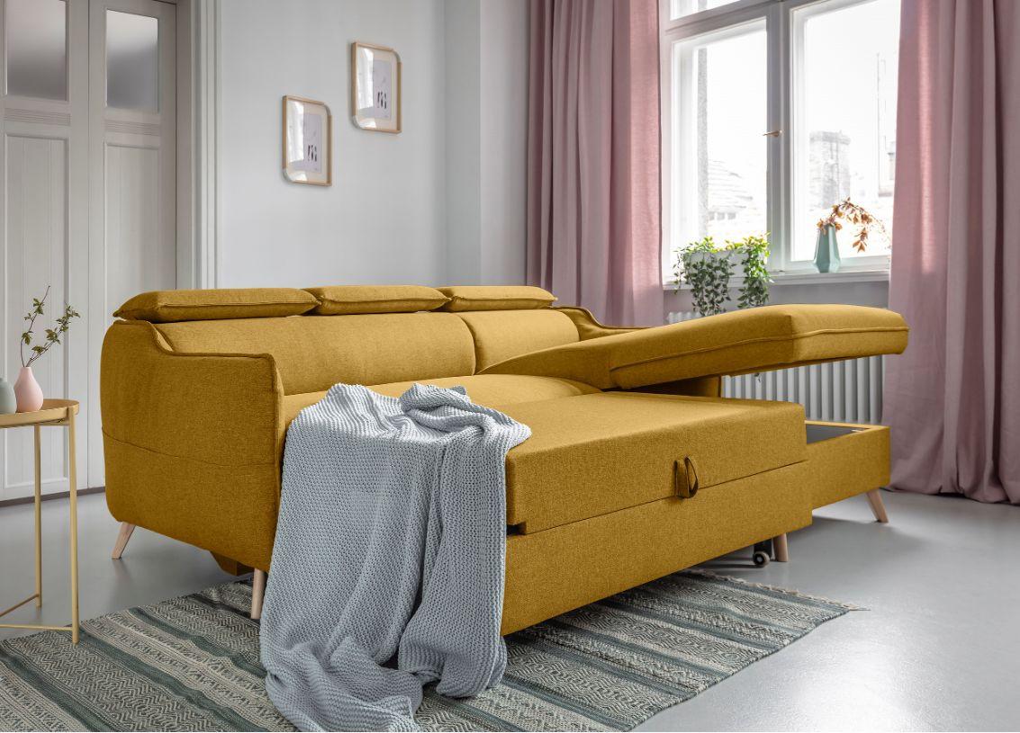 Rozkládací sedačka Simone, pravé provedení - přírodní barvy/hořčicově žlutá, Moderní, dřevo/textil (228/82/95/162cm)