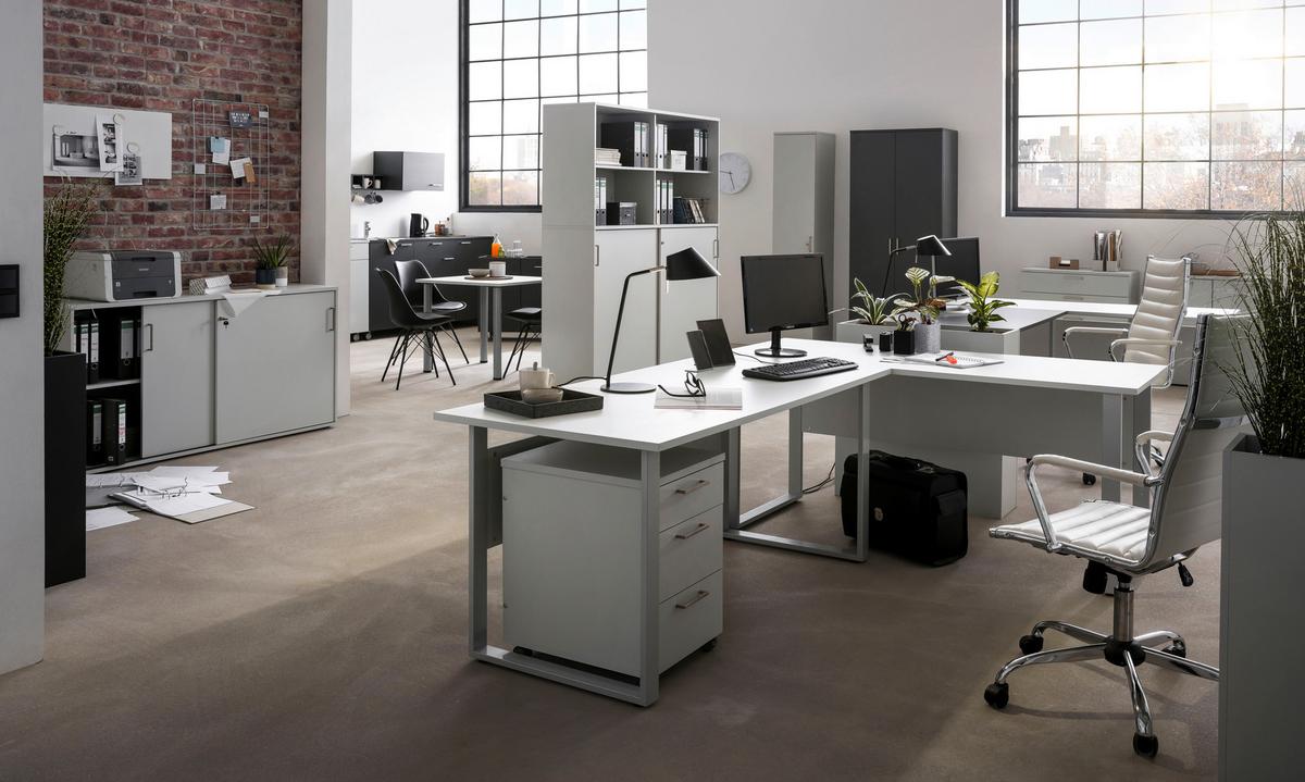 Schreibtisch Schreib+beistellt. 1600 - Silberfarben/Hellgrau, MODERN, Holzwerkstoff/Metall (160/235/73,2cm) - MID.YOU