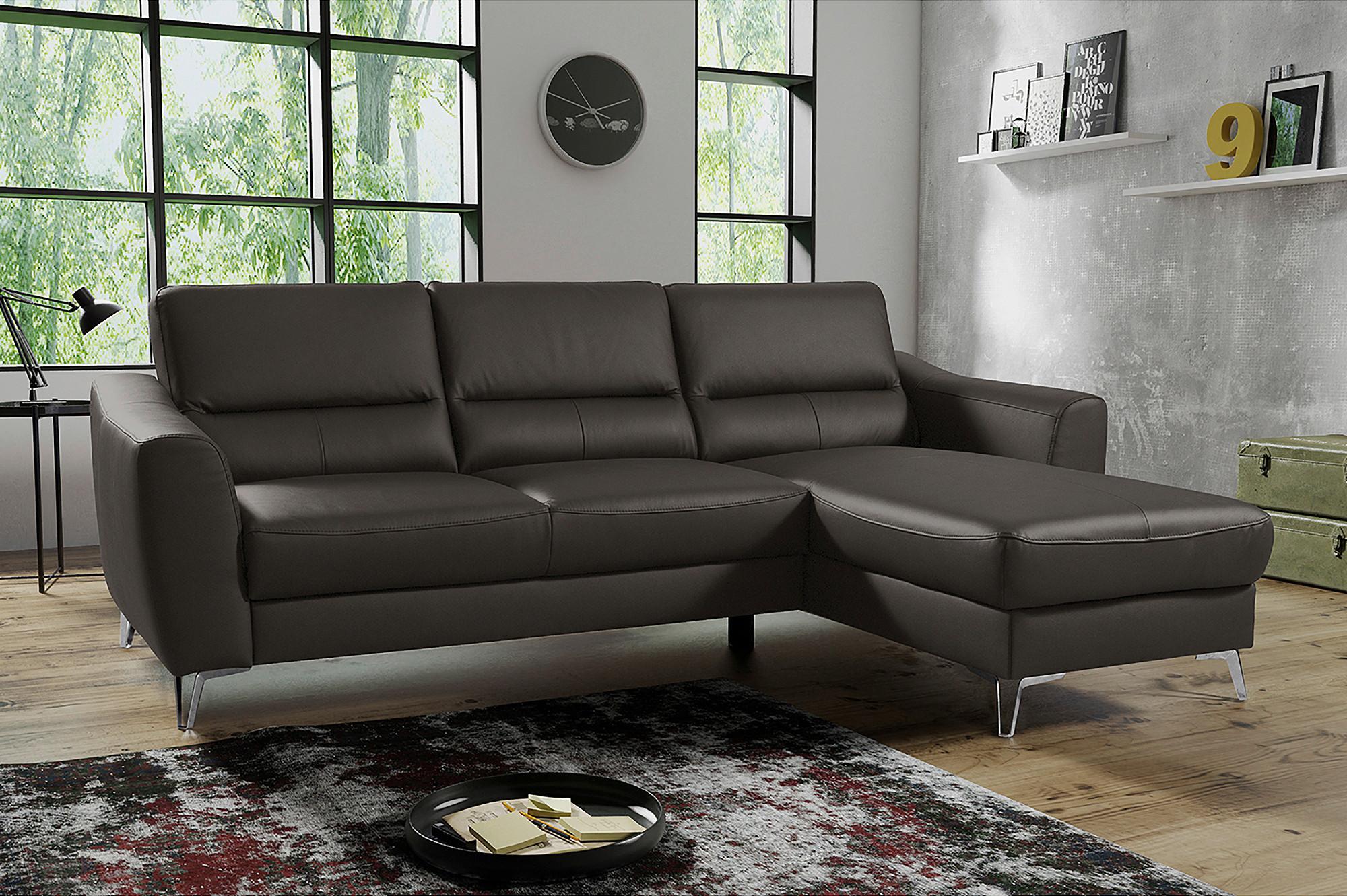 Ecksofa Santos Dunkelbraun S: 241 cm - Chromfarben/Dunkelbraun, Design, Leder/Textil (241/168cm) - Livetastic
