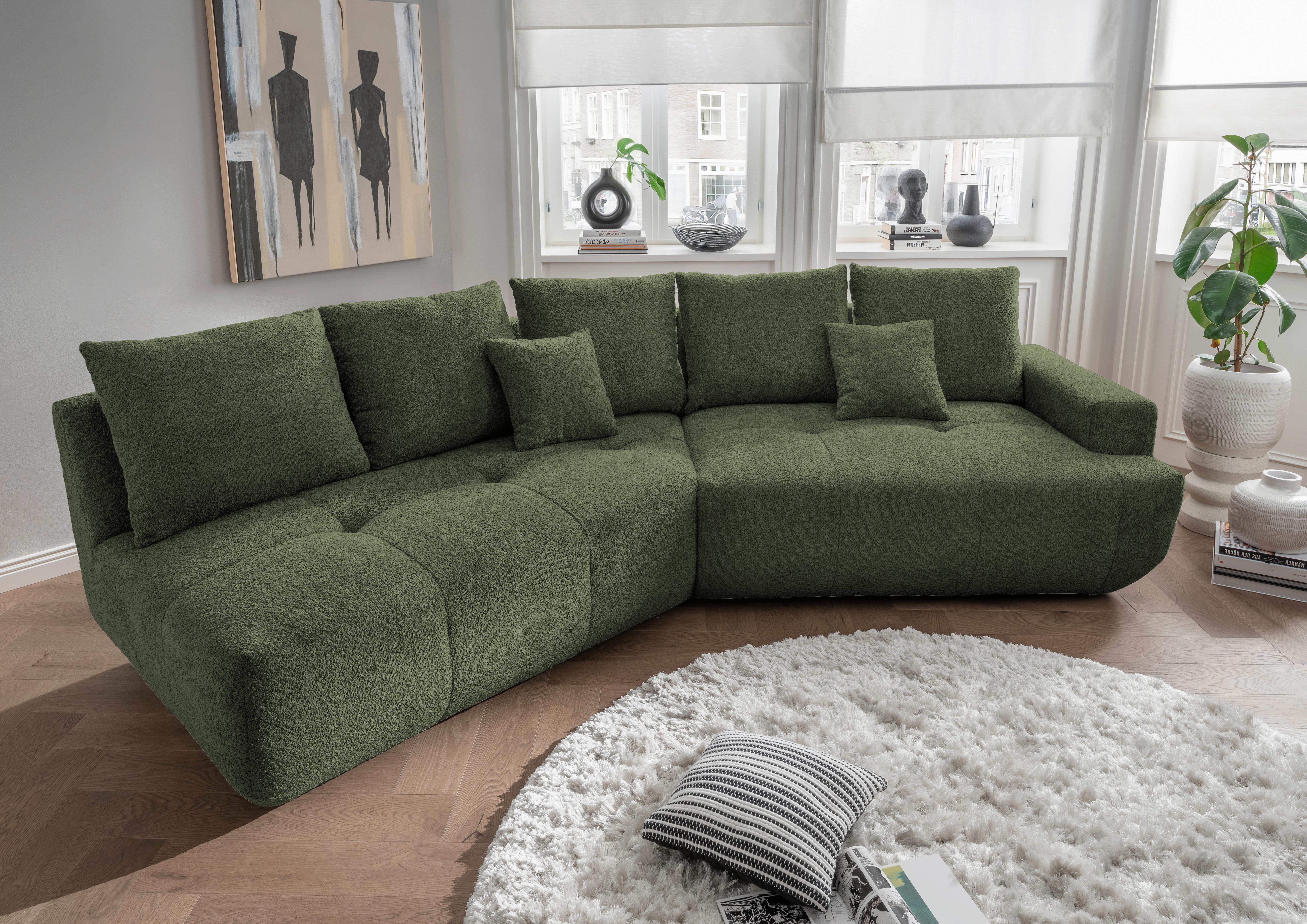 Big Sofa Fertilia Bouclé Dunkelgrün, B: 323 cm - Dunkelgrün/Schwarz, MODERN, Textil (323/91/155cm) - Livetastic
