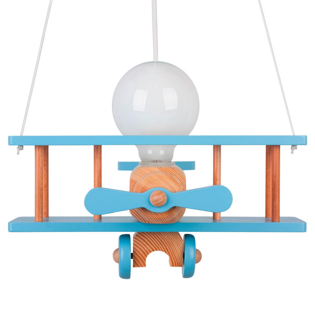 Kinderhängeleuchte Flugzeug H: 75 cm 1-Flammig - Blau/Naturfarben, KONVENTIONELL, Holz (29/31/75cm)