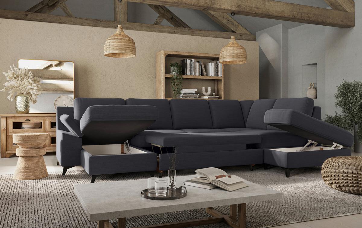 Wohnlandschaft Boom, Dunkelblau 156x309x204 - Schwarz/Dunkelblau, KONVENTIONELL, Textil (156/309/204cm) - Cotta